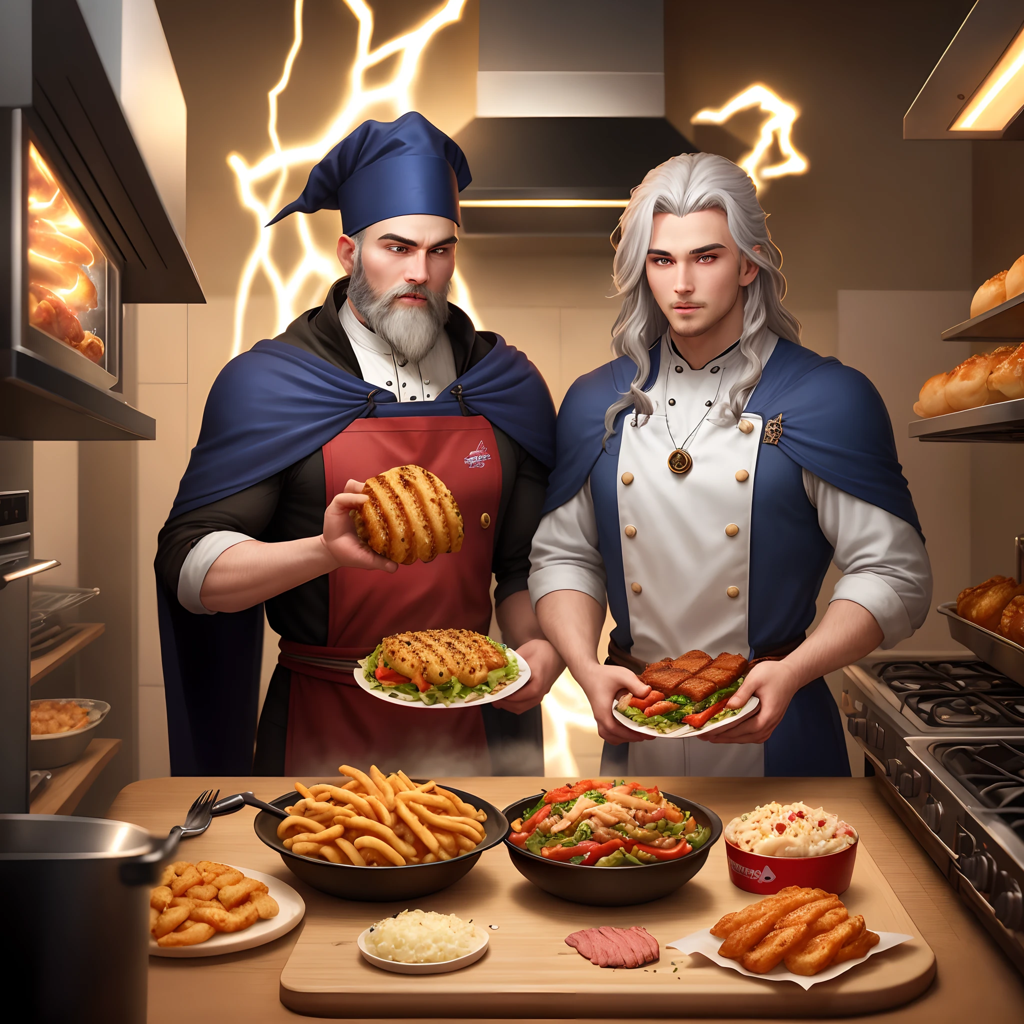In the bustling kitchen of an Arby's, two wizards stood in the midst of their culinary conjuration. The first wizard, clad in deep indigo robes embroidered with intricate golden sigils, raised a gnarled wooden staff adorned with a sapphire-tipped crystal at its apex. His long, flowing silver beard cascaded to his chest, and his eyes crackled with electric energy as he summoned the power of lightning. He emanated an aura of wisdom and experience.
Beside him, the second wizard, a younger apprentice, wore crimson and ebony robes that fluttered as if caught in a storm. His hair, as fiery as the bolts he conjured, framed a determined face. With an outstretched hand, he cast tendrils of brilliant blue lightning toward the kitchen appliances. The oven's coils sparked and sizzled with otherworldly energy, heating the roast beef to perfection.
Beneath the wizards' feet, the checkered floor tiles trembled with each surge of power. Sparks of lightning leapt from the frying stations to the slicers, their magical beams gracefully cutting through roast beef with unmatched precision.
The air filled with the aroma of sizzling meats and the electric hum of culinary magic. Amidst the spectacle, Arby's employees and diners gaped in amazement, their roast beef sandwiches forgotten as the two wizards continued to infuse the kitchen with their enchantments, turning fast food into a magical feast.