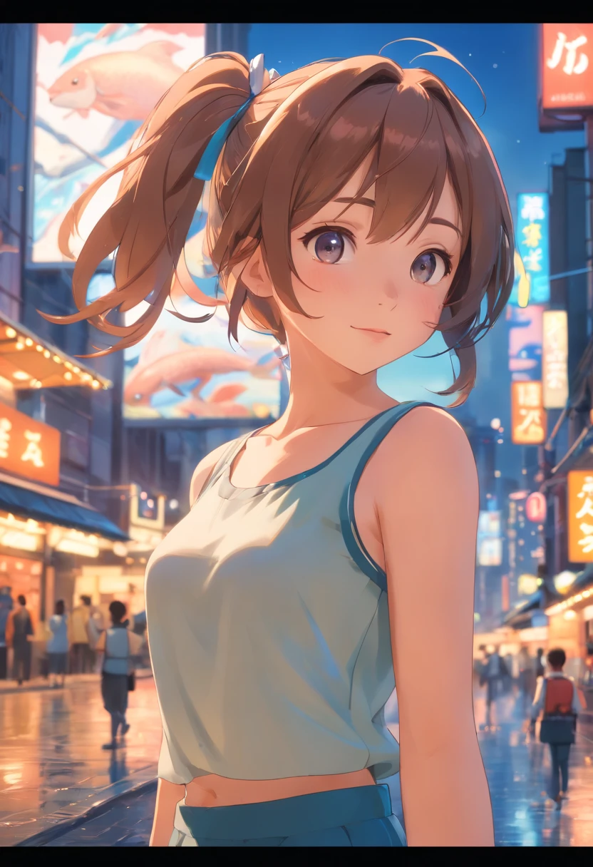 qualidade de imagem do filme,Disney Animation,style of disney animation,Disney film animation,Filmes 3D,China-style,Girl with short pigtails standing in front of a huge koi,mar de swell,profundidade de campos,Luz alta,luz real,Traching de raias,oc renderizado,hyper-realistic,melhor qualidade,8k,Obras de mestres,super-fino,pelos pubianos detalhados,anatomia correta,sharp focus on eyes,Bokeh,Facial features are carefully described