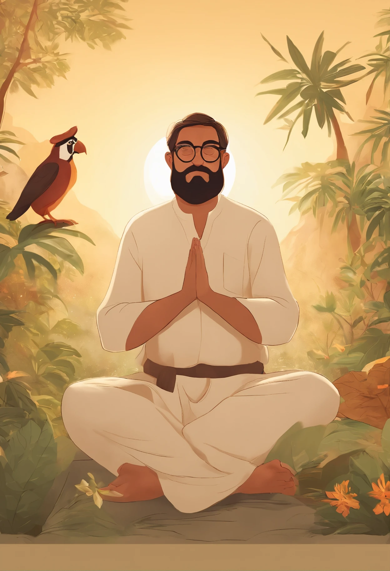 Imagem estilo Disney Pixar homem 30 anos branco, barba, cabelos castanhos e cacheados, round glasses, alegre, IN MEDITATION POSE, floresta, sol, animais