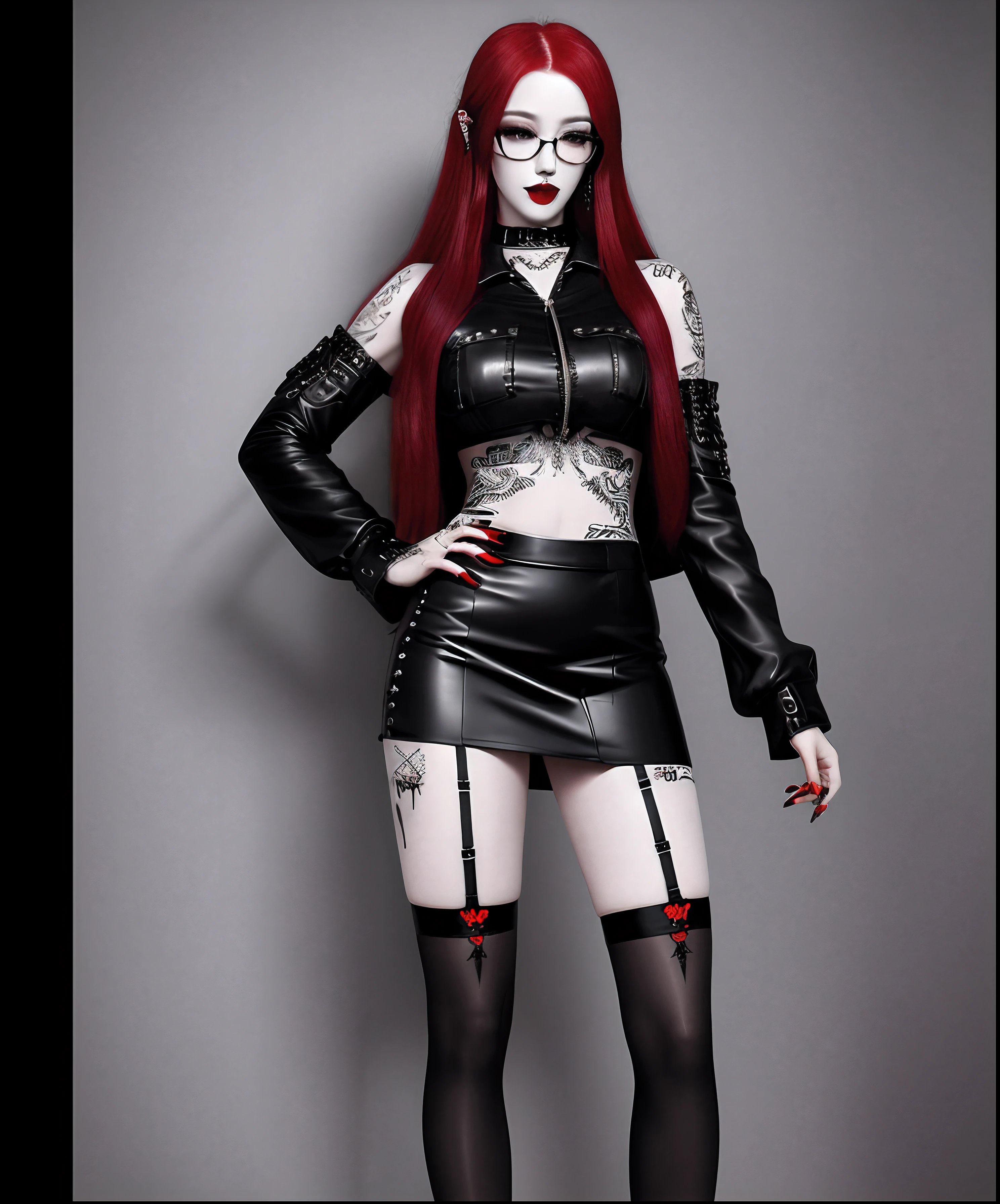 Black lipstick, long red hair, piercings, a lot of Tattoos, wearing Glasses, very short skirt, stockings, high detail, realistic, high resolution, full body view