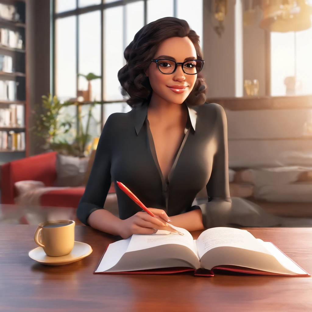 1 girl, de pele morena, de olhos castanhos, Wearing red glasses, usando camisa branca, and black dress pants, holding a book in your hands, sapato feminino preto, cabelo bob longo preto, sentada em um sofa vermelho, A brown table with a cup of coffee and pen