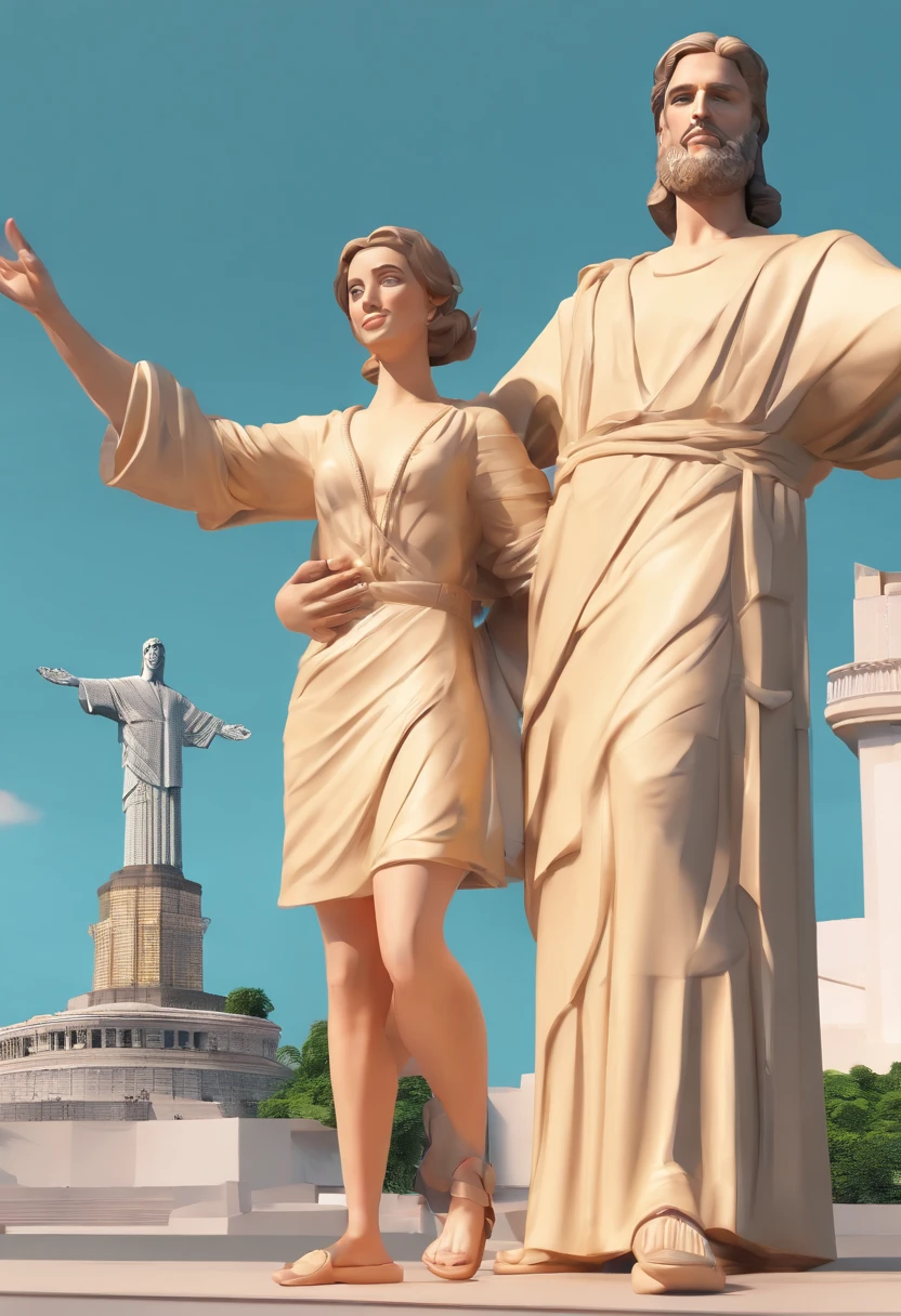 An illustration of an adorable couple in Rio de Janeiro in front of Christ the Redeemer.