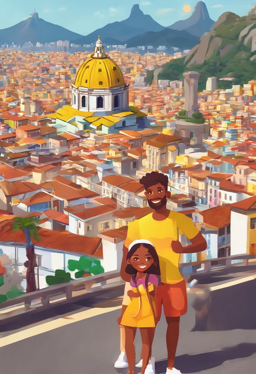 An illustration of an adorable couple in Rio de Janeiro in front of Christ the Redeemer.