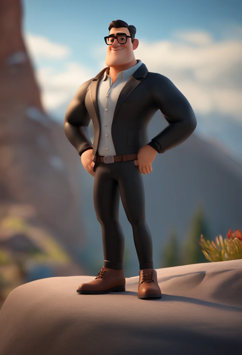 Cartoon character of a man wearing black glasses and a black jacket, with mountain in the background, an animated character, Stylized character, animation style rendering, 3d stylized, Arnold Maya render, 3 d stylized rendering, toon rendering keyshot, 3D Character, 3D Character, Stylized 3D Rendering, 3D Character Rendering, cartoon character, Close up Character, Character Pose, (Pixar Style) (Masterpiece:1.2) (Bokeh) (Best Quality) (Detailed Skin) (detailed texture) (8k) (clay) (Cinematic lighting) (sharp focus,Sits and leaks the upper body