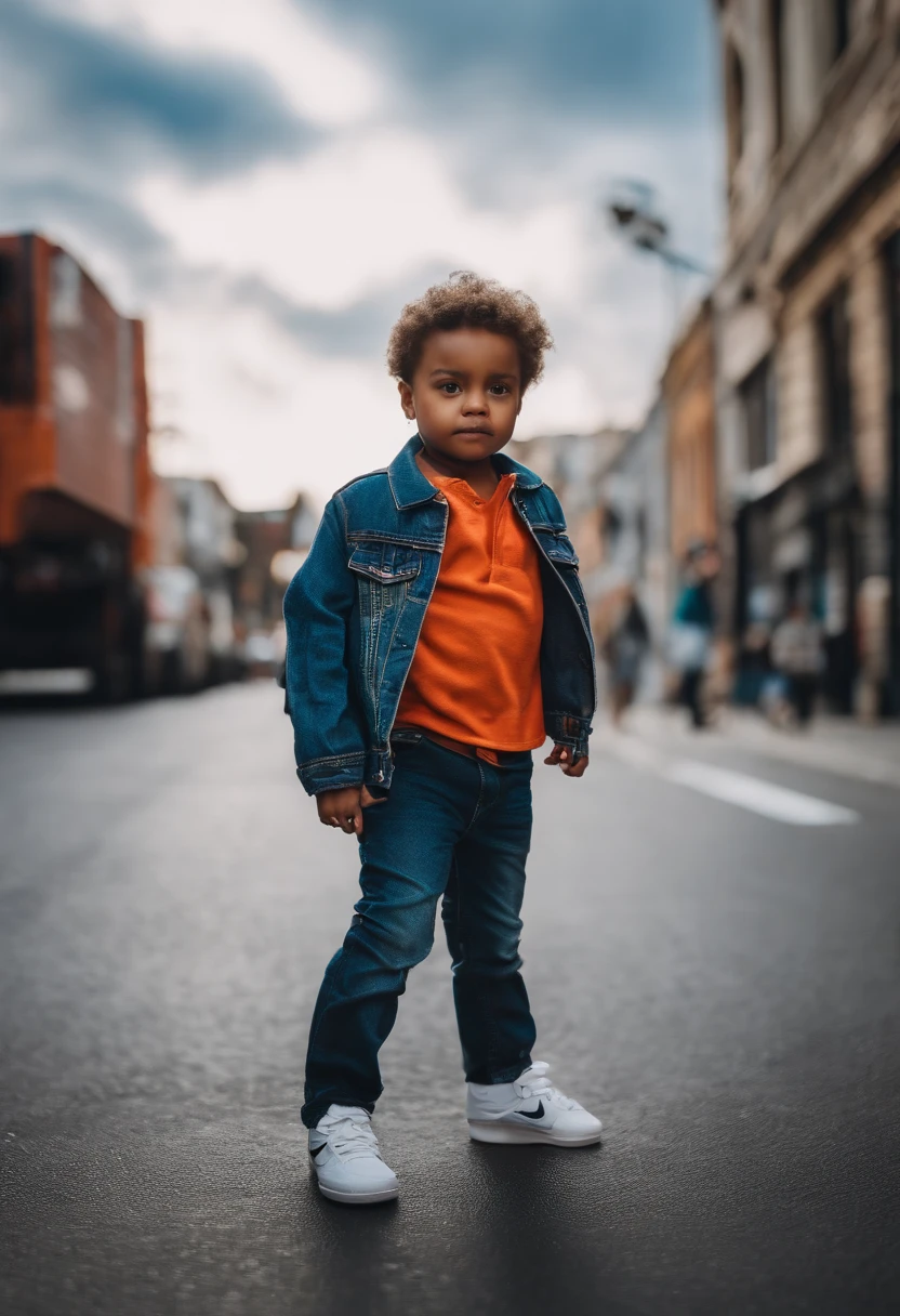A photo of boy wearing a Jean jacket, Nike shoes, in a city, facing the camera