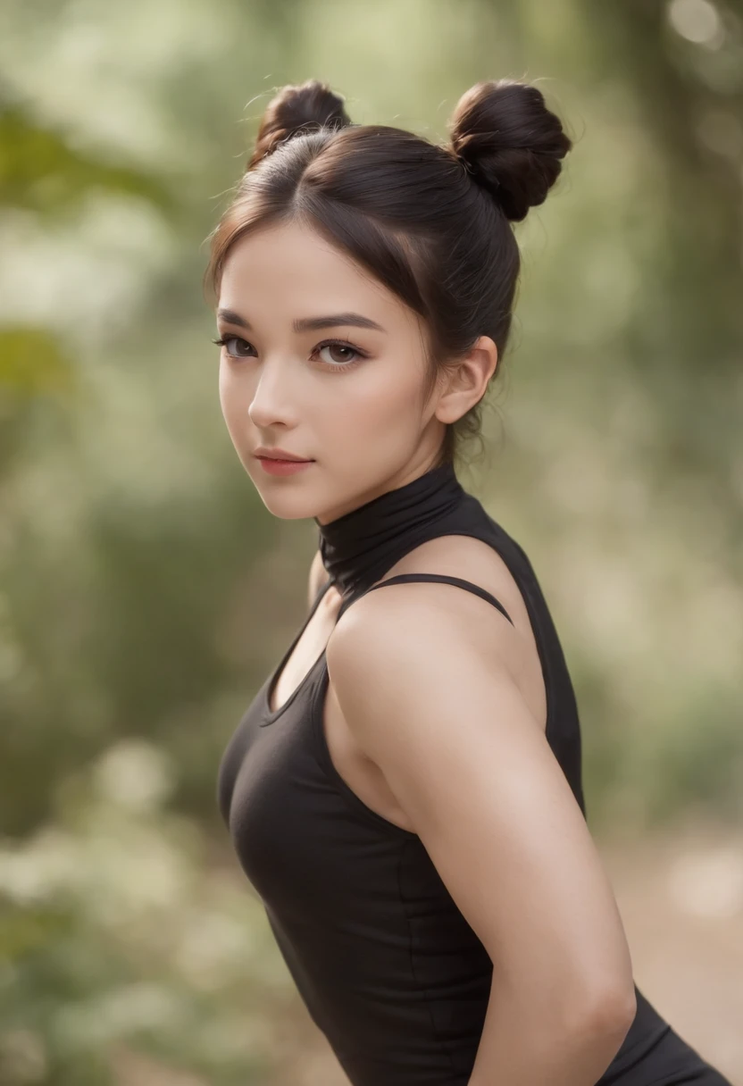 anime young woman, with light-brown eyes and a height of 5'6". Her physique boasts a lean and athletic build. She has black hair, typically kept in a tidy bun. Two antennas on her head that make her look like an ant. She's wearing a black skintight spandex that goes down to her legs, with white stripes that make her resemble a black ant.