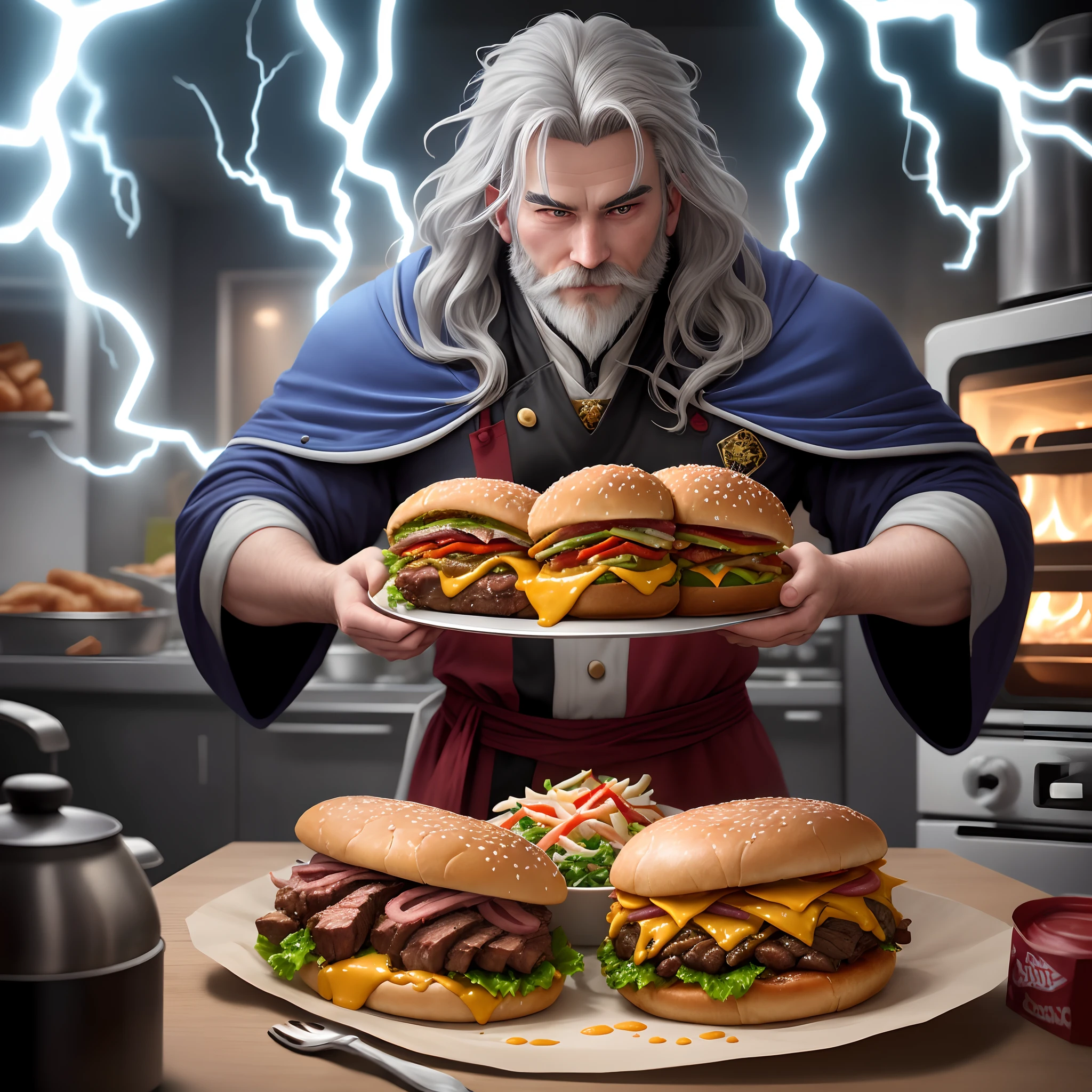 In the bustling kitchen of an Arby's, two wizards stood in the midst of their culinary conjuration. The first wizard, clad in deep indigo robes embroidered with intricate golden sigils, raised a gnarled wooden staff adorned with a sapphire-tipped crystal at its apex. His long, flowing silver beard cascaded to his chest, and his eyes crackled with electric energy as he summoned the power of lightning. He emanated an aura of wisdom and experience.

Beside him, the second wizard, a younger apprentice, wore crimson and ebony robes that fluttered as if caught in a storm. His hair, as fiery as the bolts he conjured, framed a determined face. With an outstretched hand, he cast tendrils of brilliant blue lightning toward the kitchen appliances. The oven's coils sparked and sizzled with otherworldly energy, heating the roast beef to perfection.

Beneath the wizards' feet, the checkered floor tiles trembled with each surge of power. Sparks of lightning leapt from the frying stations to the slicers, their magical beams gracefully cutting through roast beef with unmatched precision.

The air filled with the aroma of sizzling meats and the electric hum of culinary magic. Amidst the spectacle, Arby's employees and diners gaped in amazement, their roast beef sandwiches forgotten as the two wizards continued to infuse the kitchen with their enchantments, turning fast food into a magical feast.