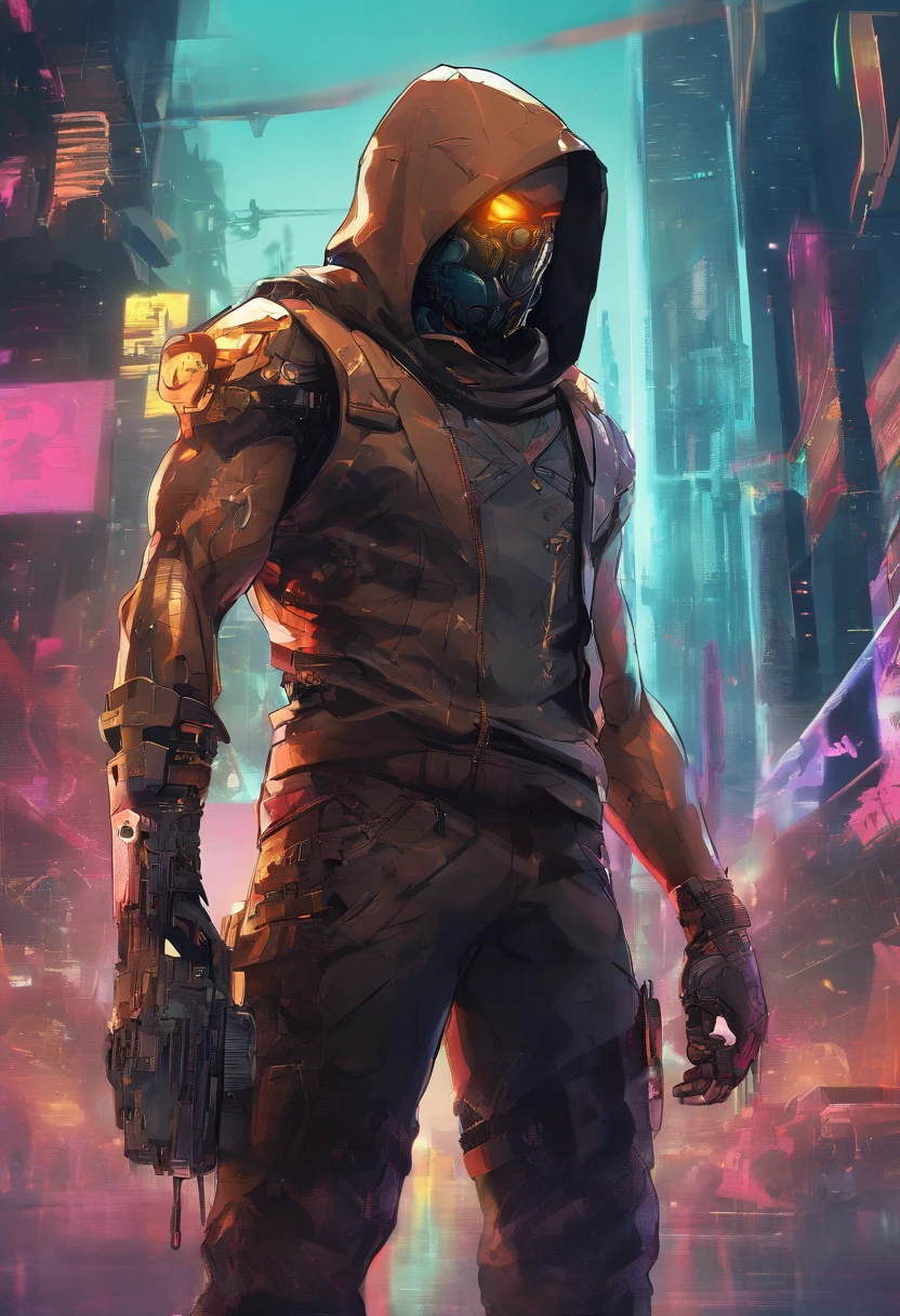 (best quality,highres,ultra-detailed,realistic:1.2), male with robotic arms wearing sleeveless hoodie, brown-eyed, brown ponytail, crackling energy, light beard, futuristic concept, vivid colors, glowing neon lights, impressive physique, powerful stance, cyberpunk style, metal texture, industrial setting, cityscape background