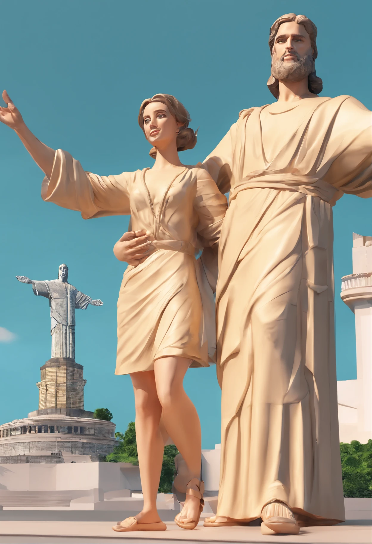 An illustration of an adorable couple in Rio de Janeiro in front of Christ the Redeemer.