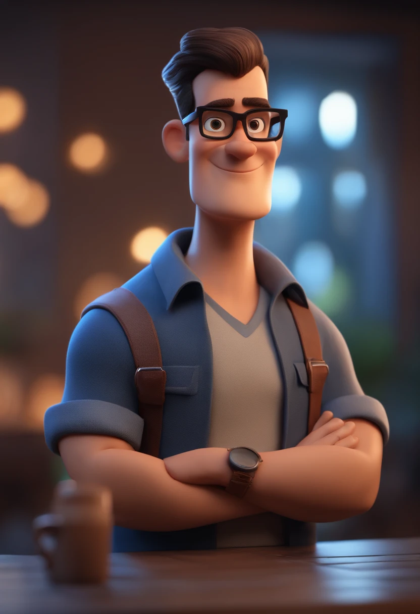Cartoon character of a man with black glasses and a blue shirt, animation character, Caractere estilizado, animation style rendering, 3D estilizado, Arnold Maya render, 3 d render stylized, toon render keyshot, Personagem 3D, Personagem 3D, 3d rendering stylized, 3 d character render, personagem de desenho animado, Personagem de close up, Pose de personagem,  (Estilo Pixar) (master part:1.2) (Bokeh) (best quality) (pele detalhada) (textura detalhada) (8k) (argila) (Cinematic lighting) (Sharp focus with tattoo on arms