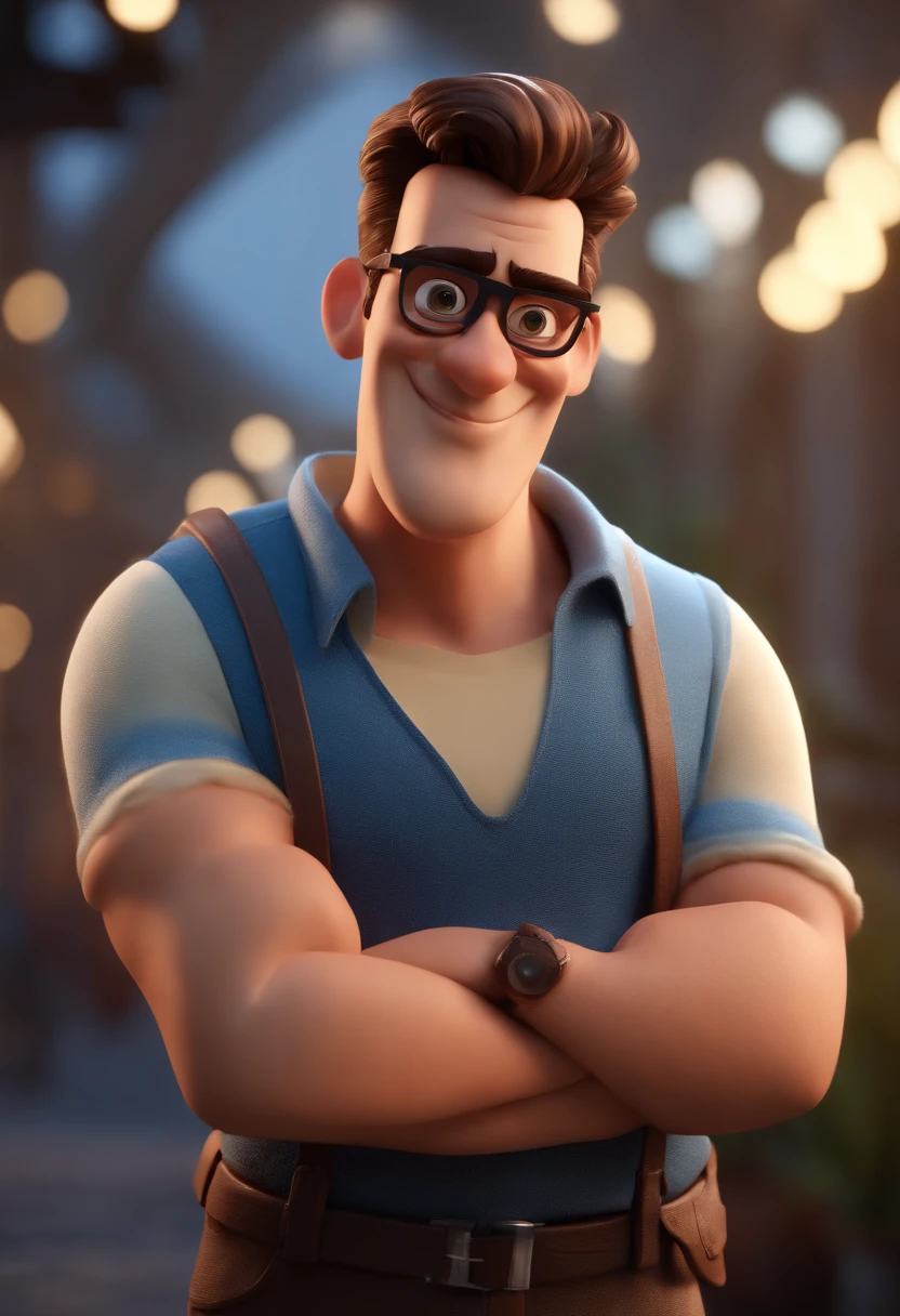Cartoon character of a man with black glasses and a blue shirt, animation character, Caractere estilizado, animation style rendering, 3D estilizado, Arnold Maya render, 3 d render stylized, toon render keyshot, Personagem 3D, Personagem 3D, 3d rendering stylized, 3 d character render, personagem de desenho animado, Personagem de close up, Pose de personagem,  (Estilo Pixar) (master part:1.2) (Bokeh) (best quality) (pele detalhada) (textura detalhada) (8k) (argila) (Cinematic lighting) (Sharp focus with tattoo on arms