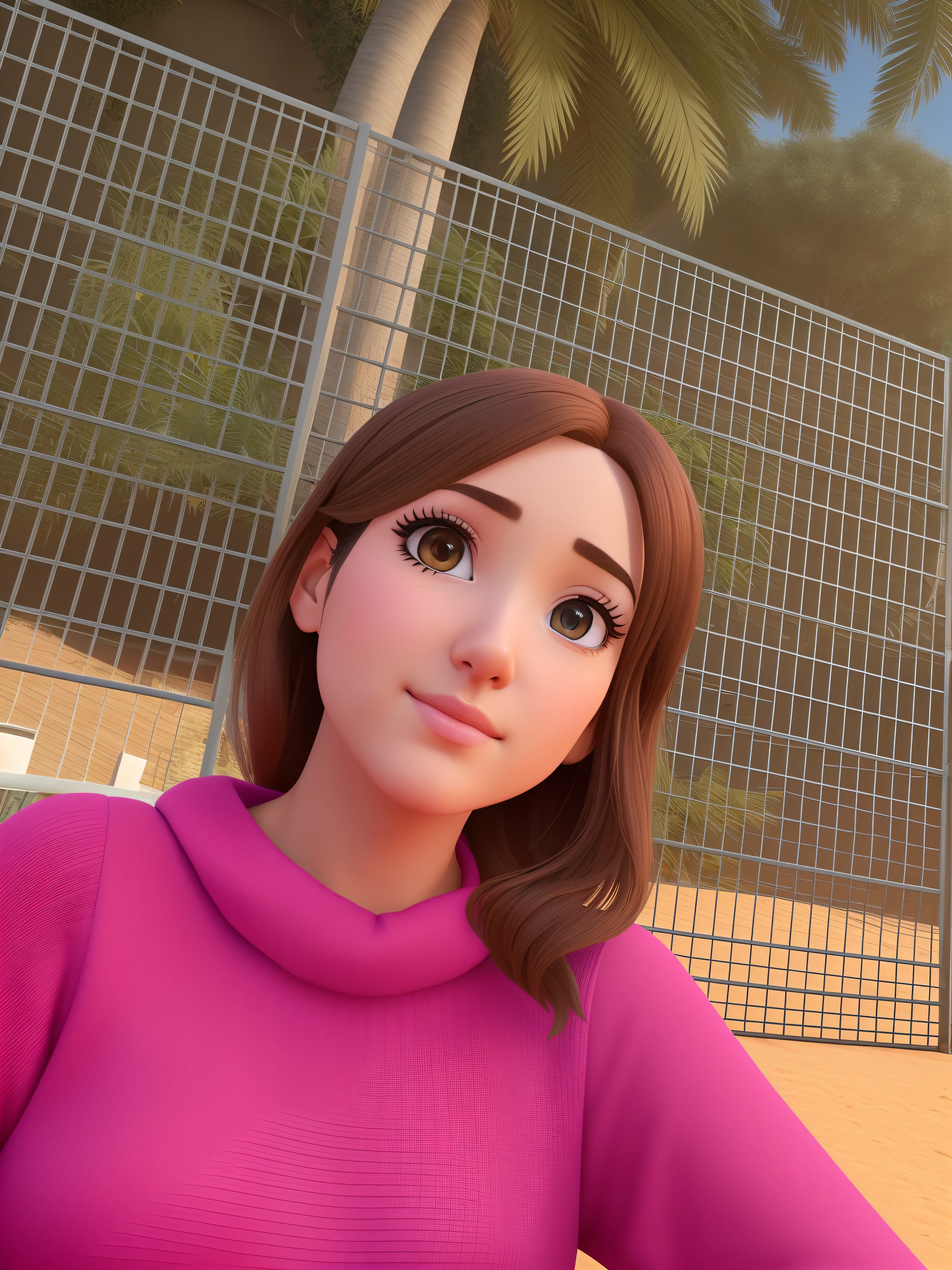 Araffe in a pink sweater stands in front of a fence, Pokimane, Personagem de close up, Como um personagem da Pixar, pixar retrato 8 k foto, Imagens realistas, Representado como um personagem da Pixar, animation character, Personagem close up, renderizado em sfm, 3 d demo carretel avatar, Cena realista, tiro de perto do meio, estilo de arte realista