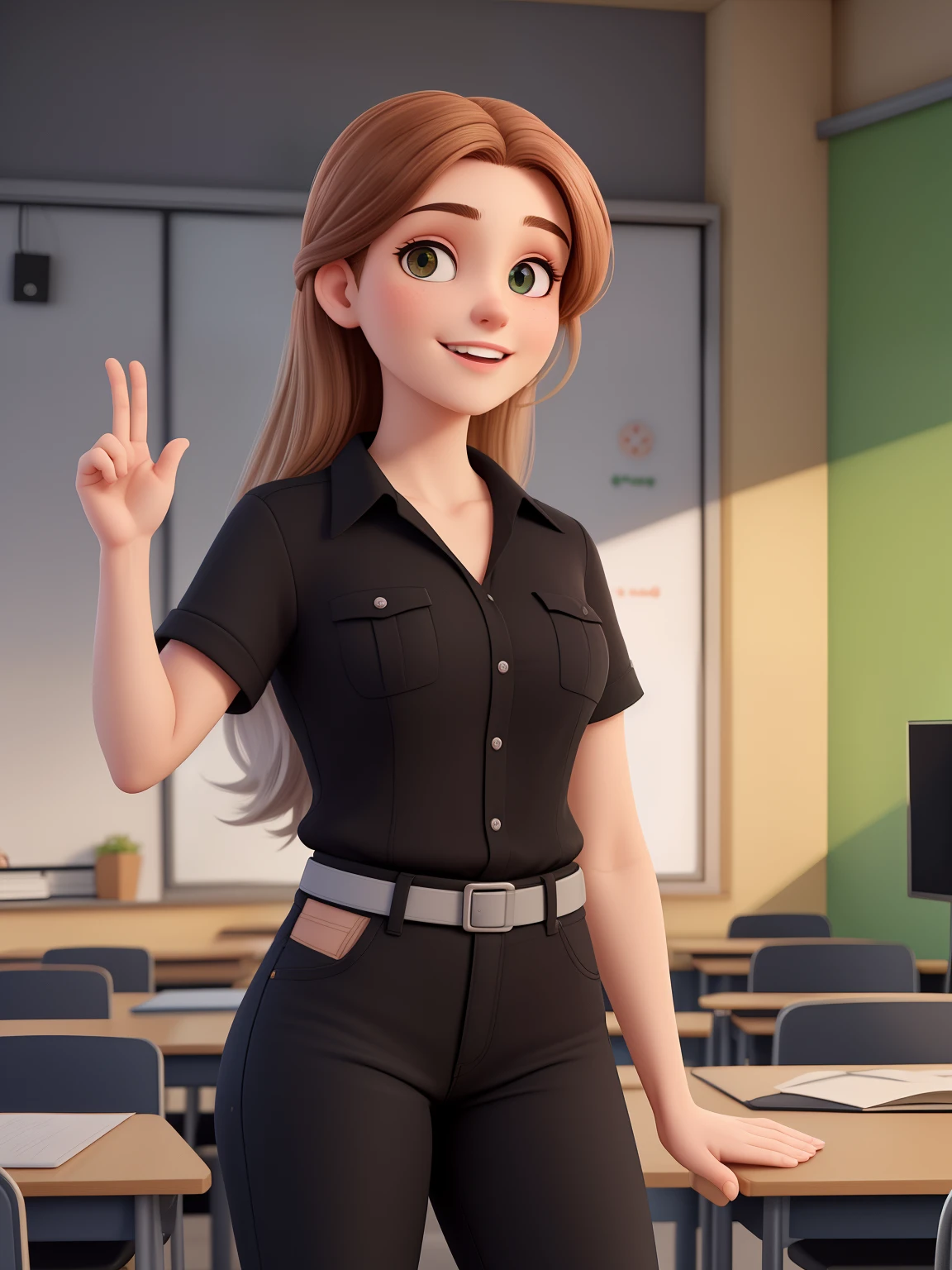 Uma mulher de 18 anos, com longos cabelos castanhos escuros , Rosto fino, sorriso encantador gigante, e olhos verdes, In a classroom, studio lighting, sign language interpreter and sign language teacher. She's wearing black clothes, blouse and black jeans