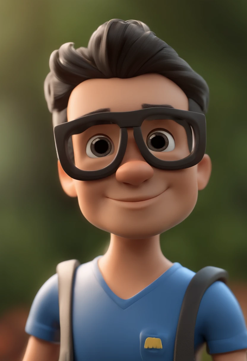 Cartoon character of a young man with black glasses and a blue t-shirt, Carinhoso, Feliz, amoroso, Heart, trator,  animation character, Caractere estilizado, animation style rendering, 3D estilizado, Arnold Maya render, 3 d render stylized, toon render keyshot, Personagem 3D, Personagem 3D, 3d rendering stylized, 3 d character render, personagem de desenho animado, Personagem de close up, Pose de personagem,  (Estilo Pixar) (master part:1.2) (Bokeh) (best quality) (pele detalhada) (textura detalhada) (8k) (argila) (Cinematic lighting) (foco nítido