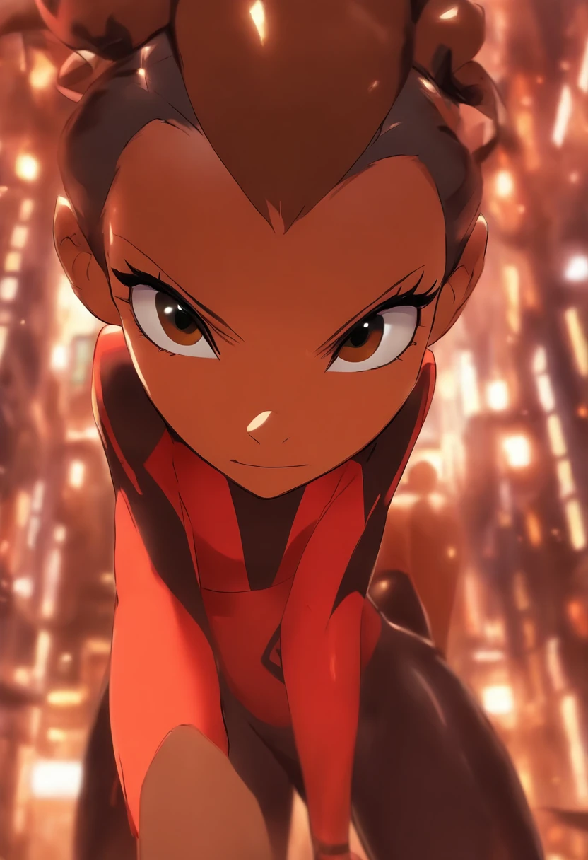 anime young woman, with light-brown eyes and a height of 5'6". Her physique boasts a lean and athletic build. She has black hair, typically kept in a tidy bun. Two antennas on her head that make her look like an ant. She's wearing a black skintight spandex that goes down to her legs, with white stripes that make her resemble a black ant.