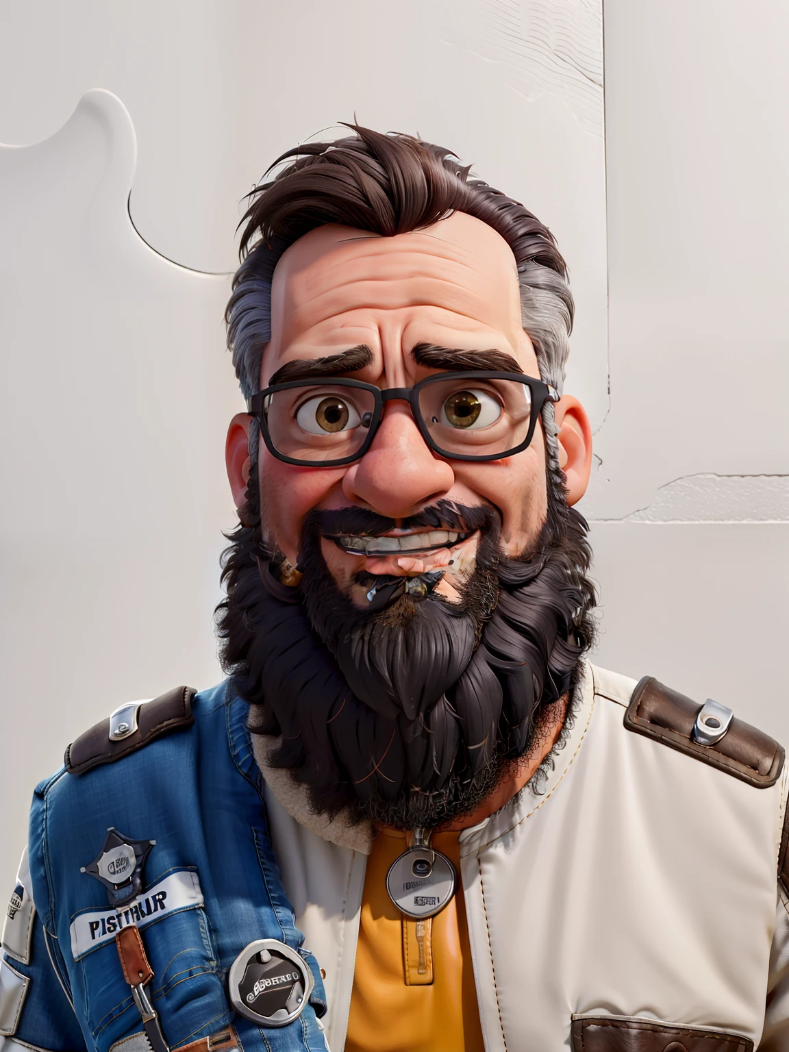 master part, best quality, um velho com barba branca e longos cabelos castanhos, vestindo uma jaqueta de couro e jeans preto, ao lado de sua motocicleta