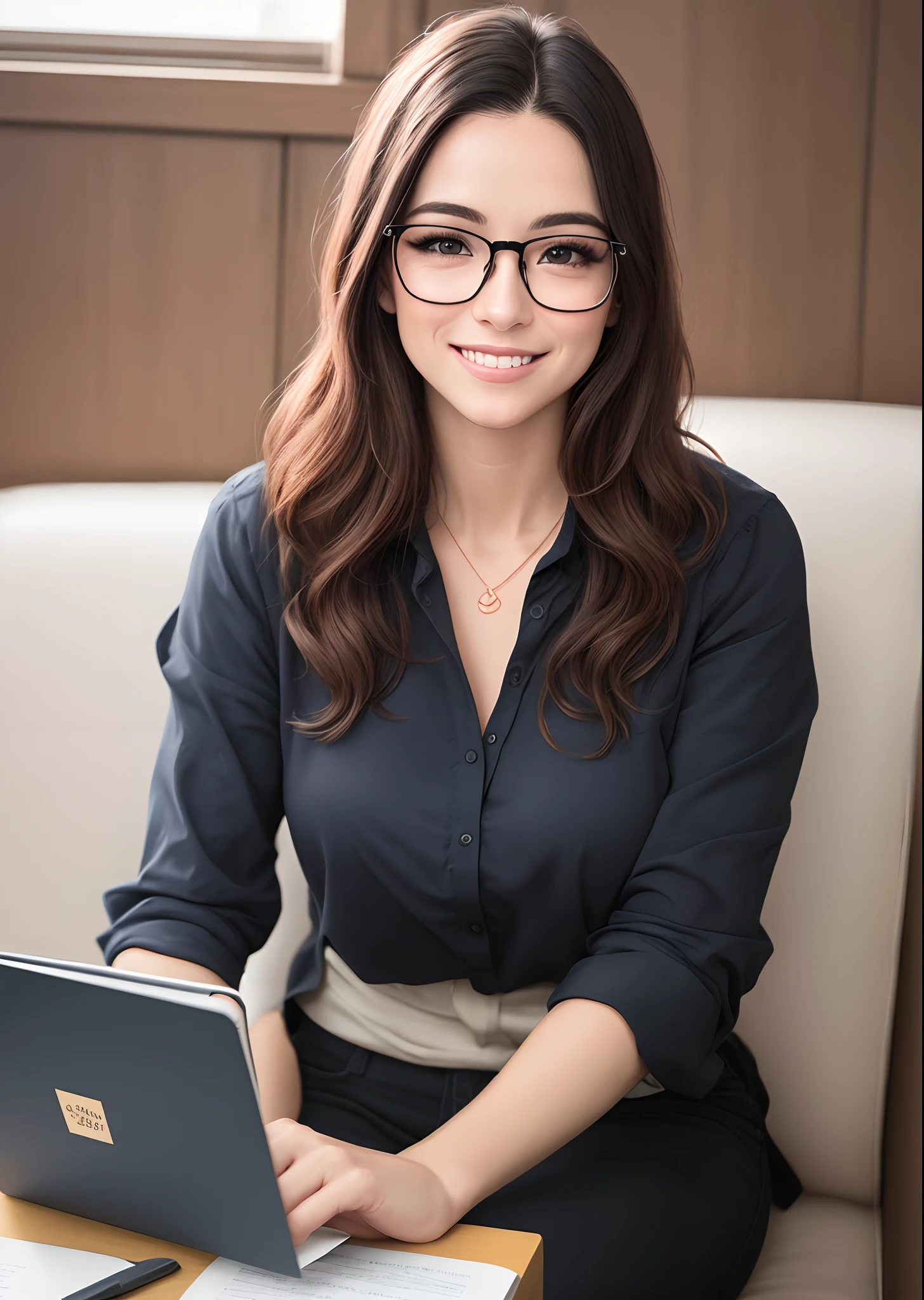 Uma mulher de 32 anos, com longos cabelos pretos e ondulados, Rosto redondo,como 3snai na bochecha direita, com um sorriso encantador, e olhos castanhos, wearing glasses and holding a notebook close to his body