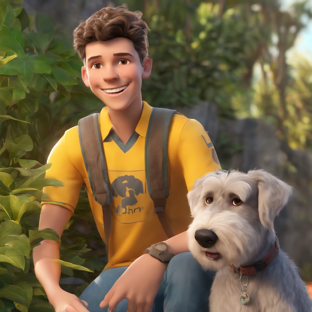 Lucas is a smiling -yeld hu boy, com seu fiel amigo, Bolt, o cachorro schnauzer, deitados no jardim