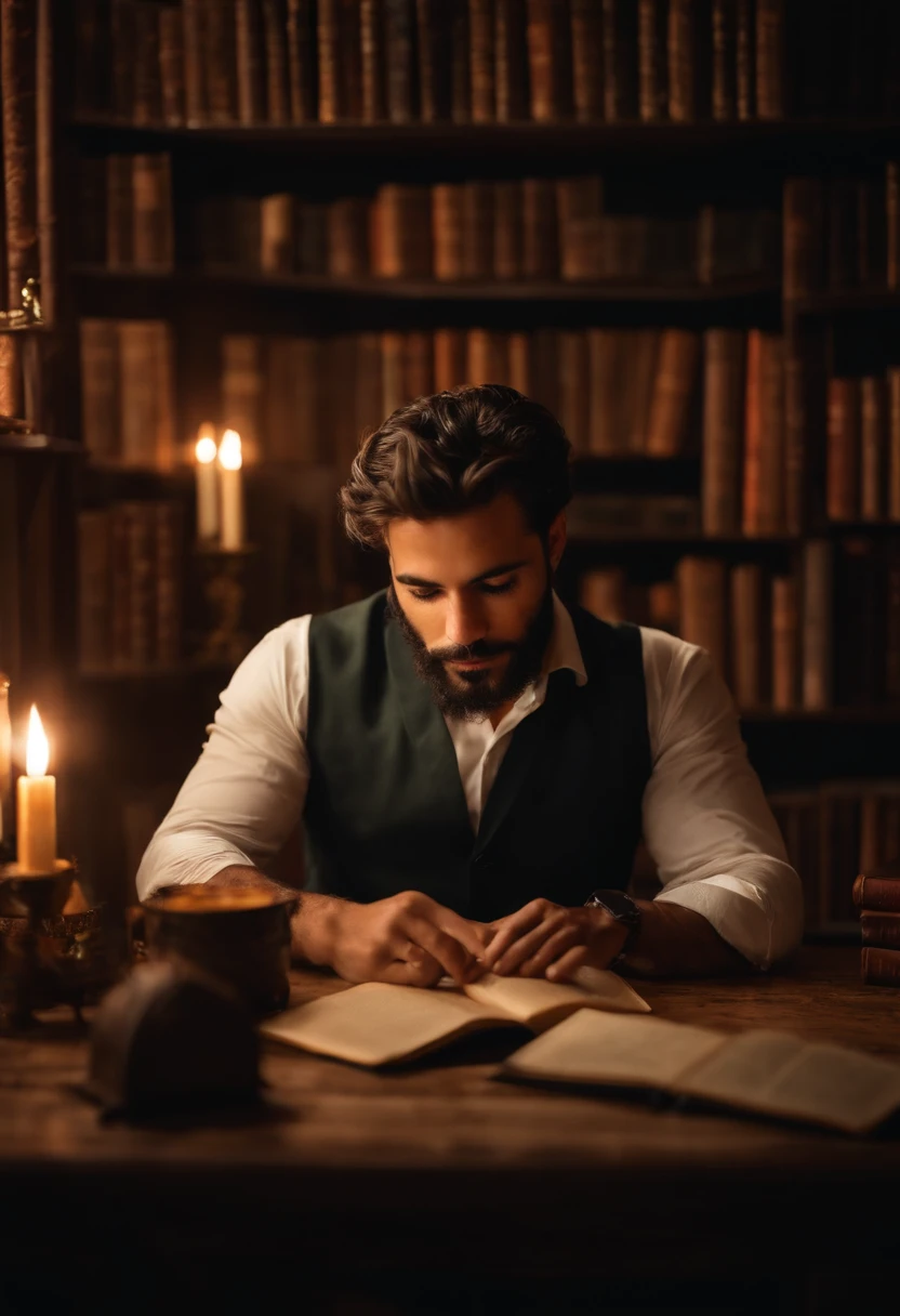 Homem com cabelo cacheado, vestindo terno em uma mesa, estante de livros ao fundo, local iluminado