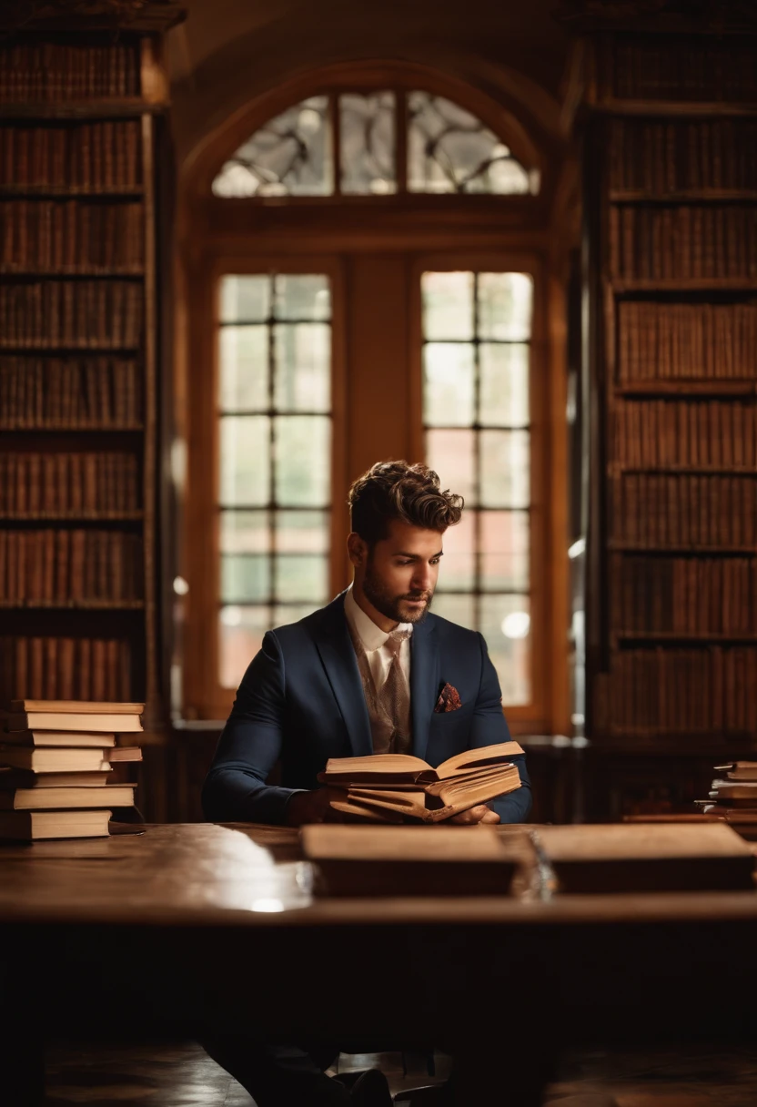 Homem com cabelo cacheado, vestindo terno em uma mesa, estante de livros ao fundo, local iluminado