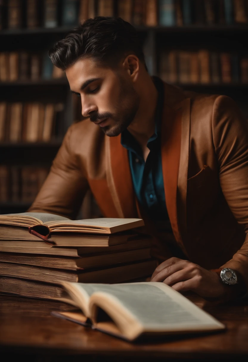 Homem com cabelo cacheado, vestindo terno em uma mesa, estante de livros ao fundo, local iluminado