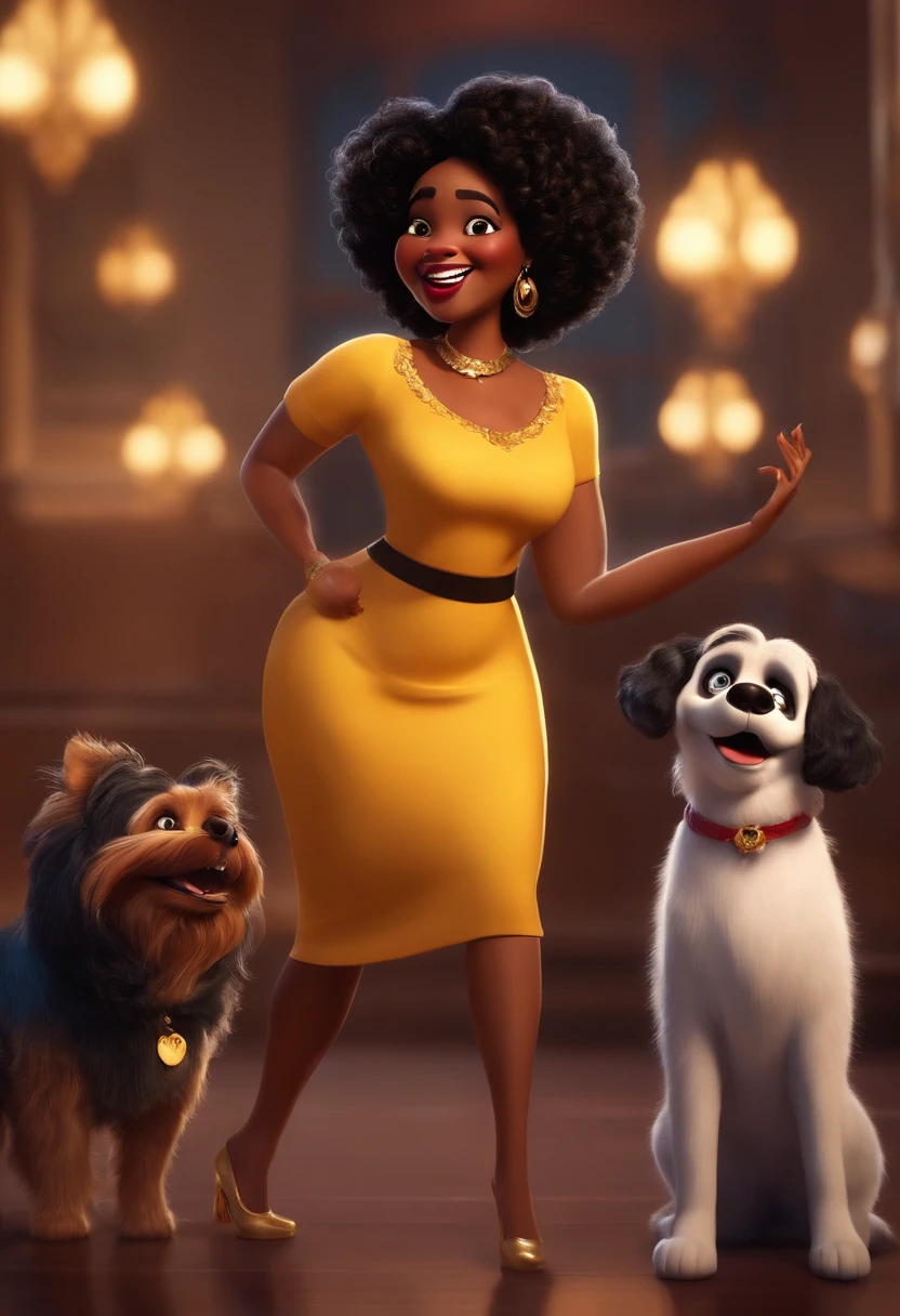 Pixar style image with 3D character black woman plus size short black curly hair with golden highlights dancing, with his black Shitzu dog who has his lower teeth sticking out Disney Makeup,Pescador, bonitinho, sorridente ,Close-up, Pixar, Disney, Cinema lighting,
