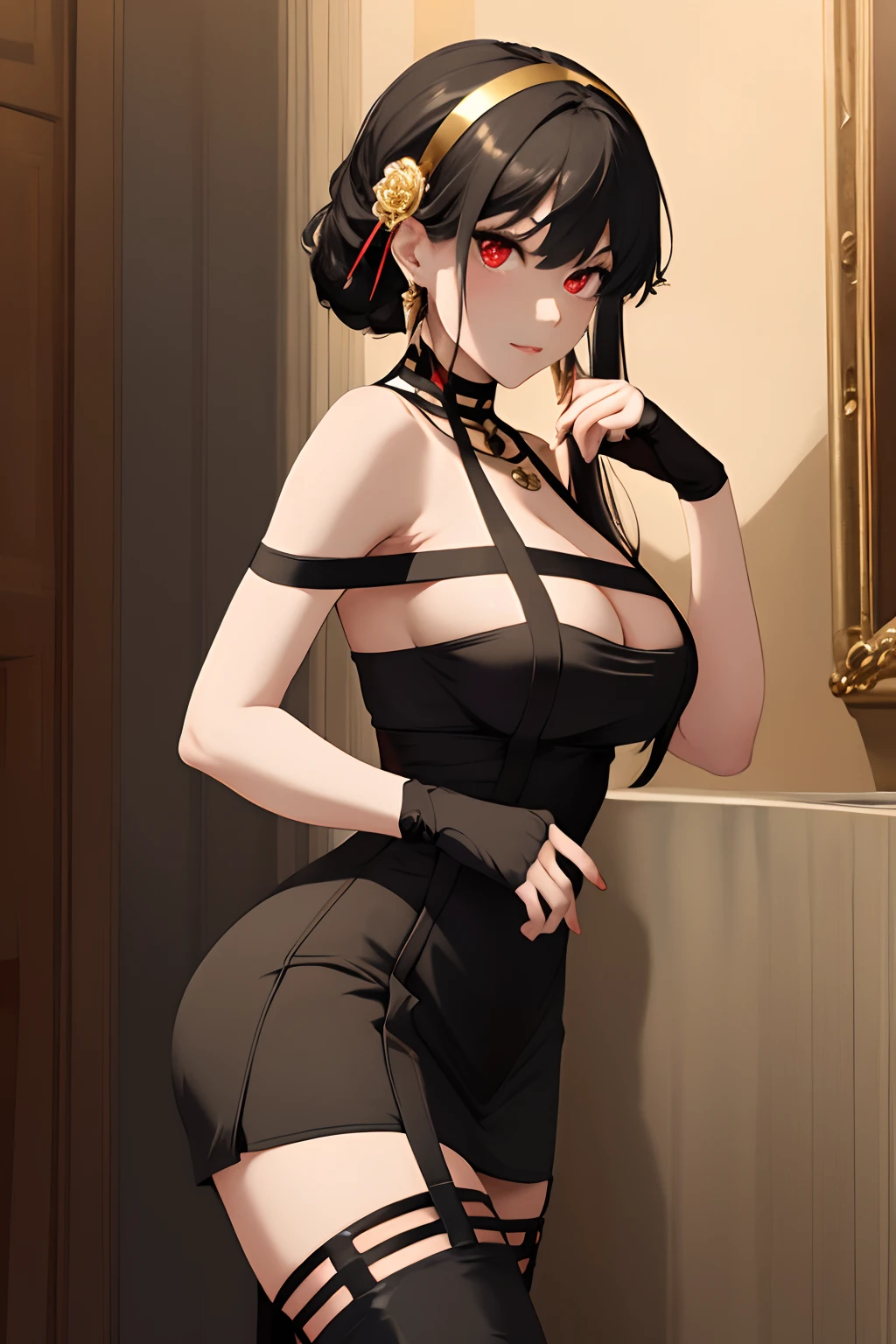 masterpiece, best quality, highres, aayorf, sidelocks, gold hairband, hair ornament, red eyes, gold earring, large breasts, choker, bare shoulders, black dress, two-sided dress, fingerless gloves, thigh boots, cowboy shot, standing, field, from side,