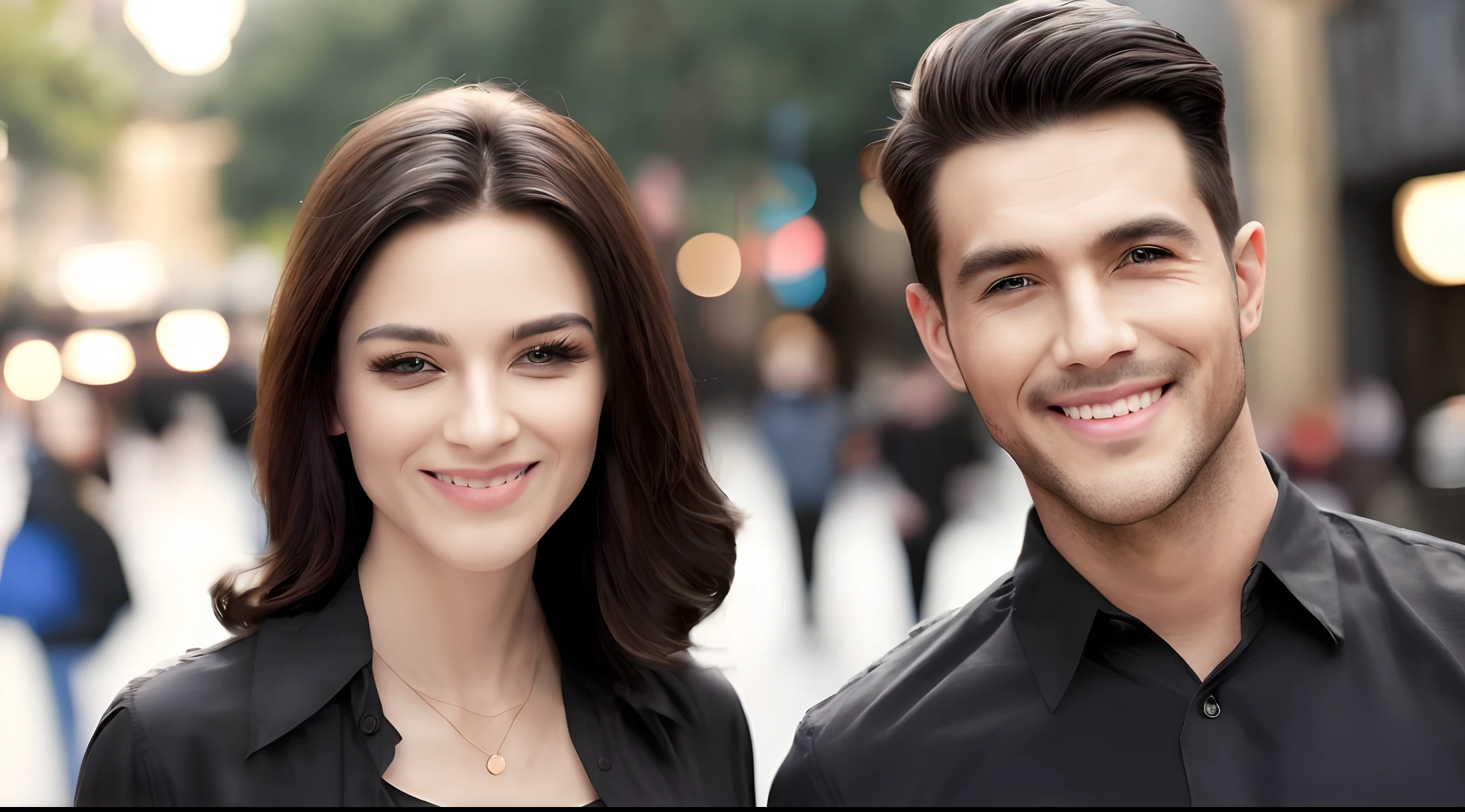 A imagem mostra um homem de rosto quadrado, pardo, cabelo liso curto, sobrancelhas finas, olhos verdes claros e uma mulher branca de cabelos longos pretos juntos em uma rua, posando para uma foto. The man is smiling and wearing a black shirt and the woman is wearing a black blouse. They are both smiling and seem to be enjoying their time together. The street is quite busy, with several other people visible in the background.
Generate images in Pixar's 3D animation style.