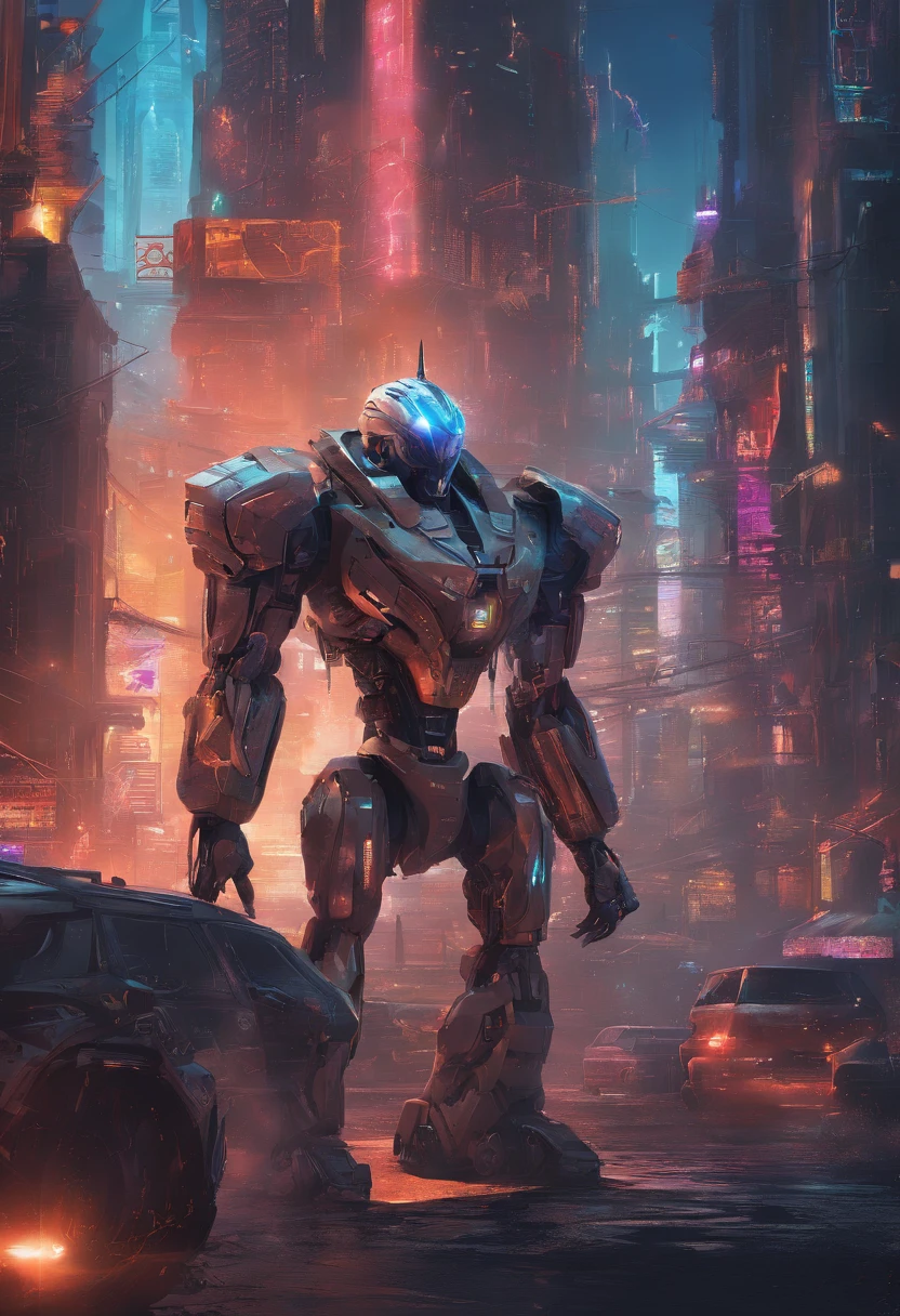 (best quality,highres,ultra-detailed,realistic:1.2), male with robotic arms wearing sleeveless hoodie, brown-eyed, brown ponytail, crackling energy, light beard, futuristic concept, vivid colors, glowing neon lights, impressive physique, powerful stance, cyberpunk style, metal texture, industrial setting, cityscape background, giant, (huge robot cock)