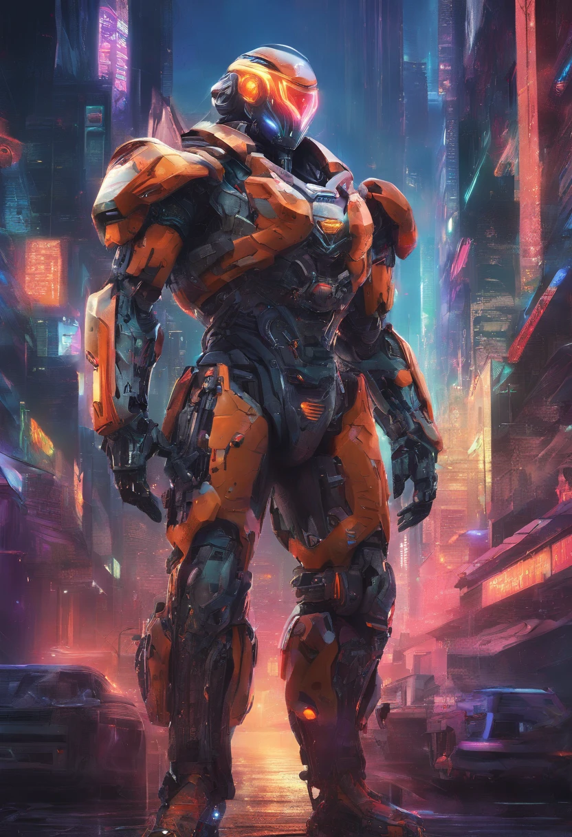 (best quality,highres,ultra-detailed,realistic:1.2), male with robotic arms wearing sleeveless hoodie, brown-eyed, brown ponytail, crackling energy, light beard, futuristic concept, vivid colors, glowing neon lights, impressive physique, powerful stance, cyberpunk style, metal texture, industrial setting, cityscape background, giant, (huge robot cock)