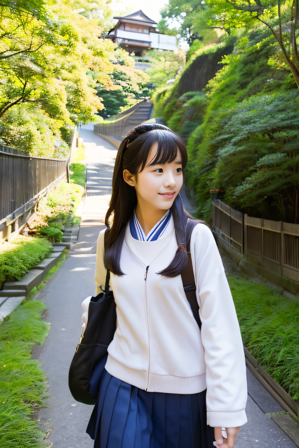 (masterpiece、high-level image quality、hightquality)、(Sunny slope)、Beautiful college girl、女優、(Walking down the slope、from the front side)、(Beautiful and realistic Japan people:1.4,21years old)、Go get a part-time job as a tutor、Tokyo's Rural Chofu、