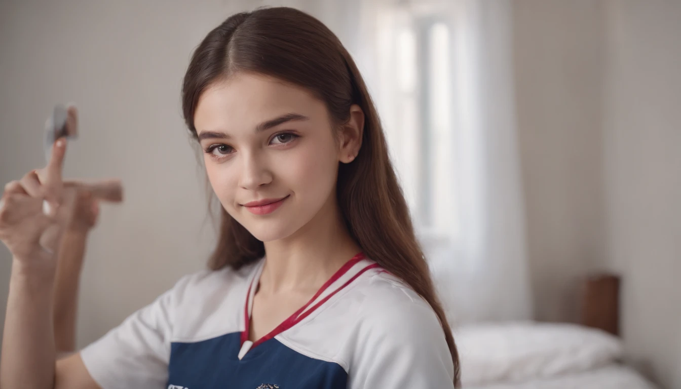 18-year-old woman,looking a viewer, slight smile, Cheerleader Uniform, Bedroom in the house, taking selfies
