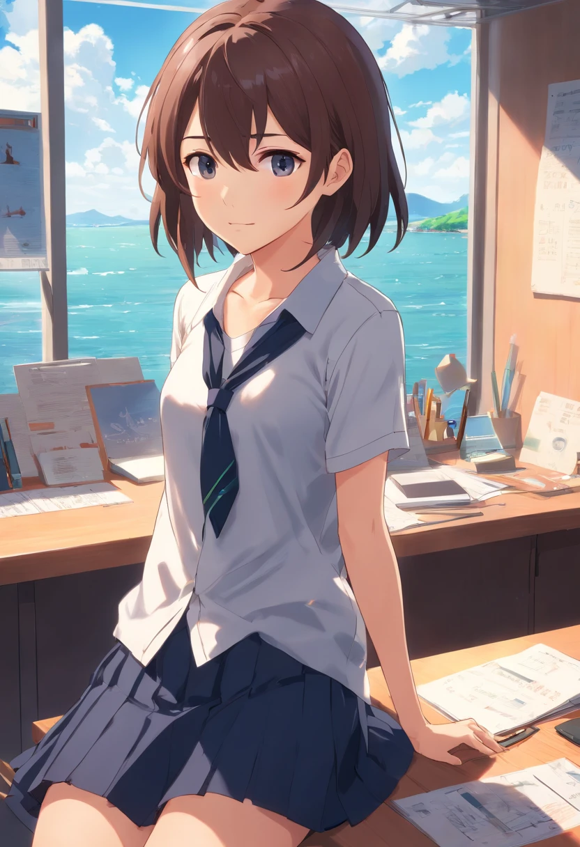 ((master part)), ((best quality)), ((Altas)), ((extremamente detalhado CG unidade 8k papel de parede)), sozinho, Tachibana Kanade, Uniforme Escolar Tan, black skirt, Meias brancas, ao ar livre, rosto, cabelo cortinado, Praia, parted hair, cabelos prateados