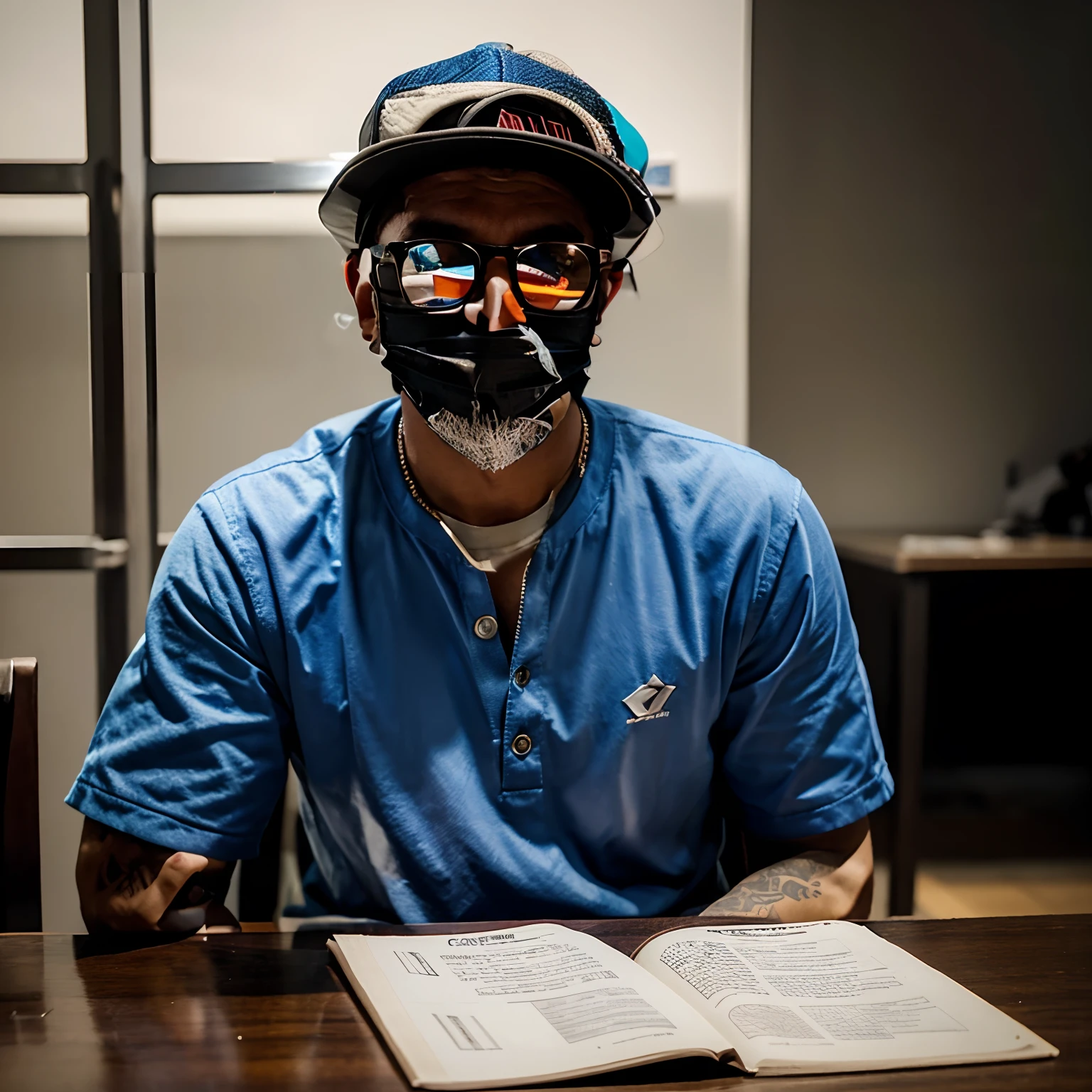 There's a man in a hat and glasses sitting at a table, inspirado em Eddie Mendoza, foto de perfil, andres rios, Dr. Zeus, imagem de perfil, Foto de perfil, David Villegas, foto de perfil, with rap cap on head, Deiv Calviz, taken in the early 2020s, Directed by: Eddie Mendoza, foto do perfil, NOVO, foto de perfil headshot
