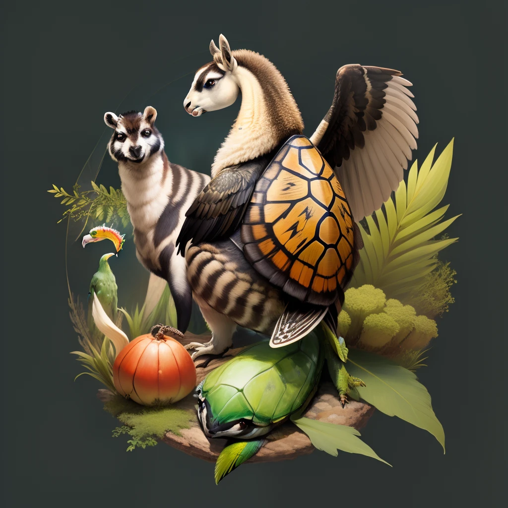 Turtle withe the head of a llama, legs of a spider, tail of a raccoon, and parrot wings