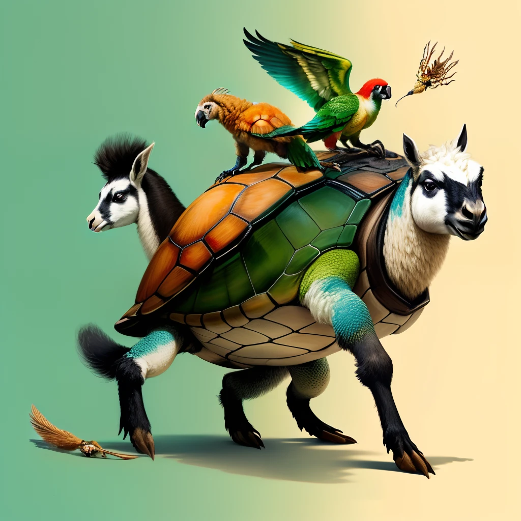 Turtle withe the head of a llama, legs of a spider, tail of a raccoon, and parrot wings