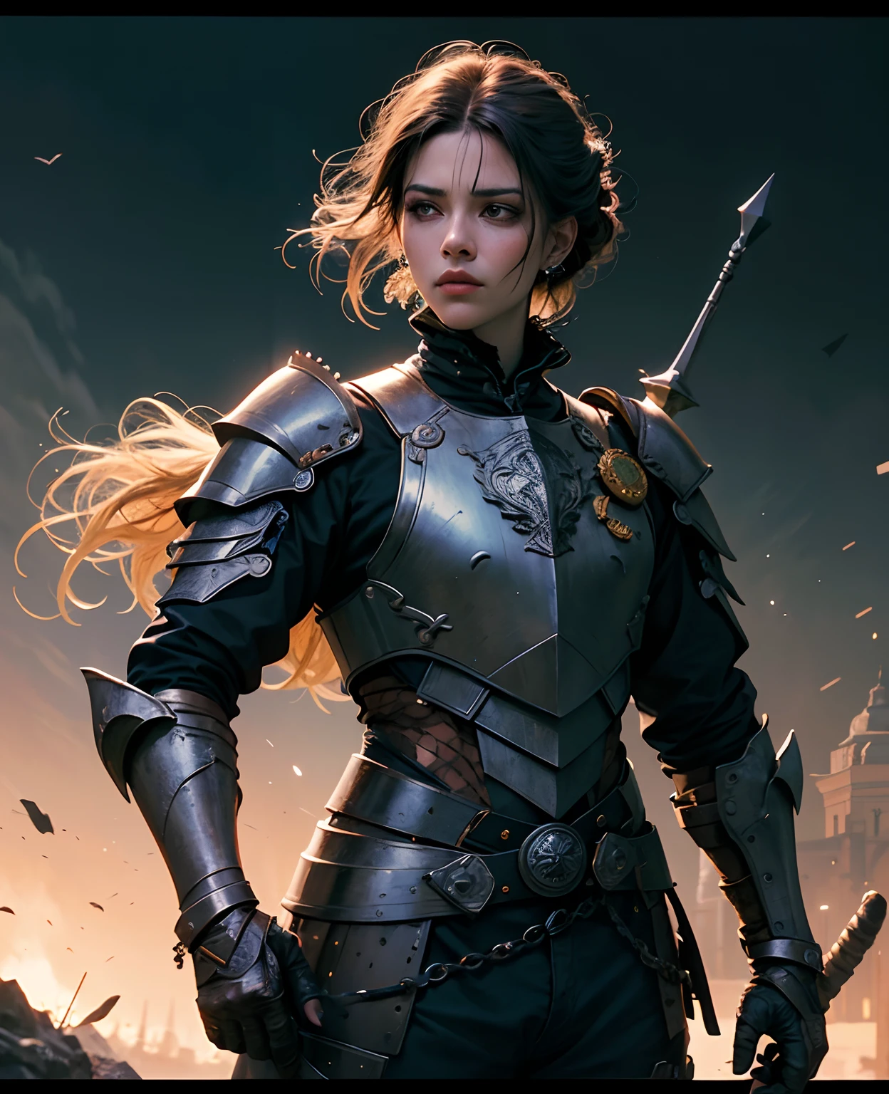 cabelos loiros, serious look pressed lips, (preto updo:1.2), (black steel armor:1.1) e vestes (capa:1.2) realeza ornamentado (bordado:0.5) com espada, magrela (Gorget Plackart pauldron :1.3), (obra-prima:1.2) (illustration:1.1) (melhor qualidade:1.2) (detalhado) (intrincado) (8k) (HDR) (papel de parede) (cinematic lighthing) (foco nítido)