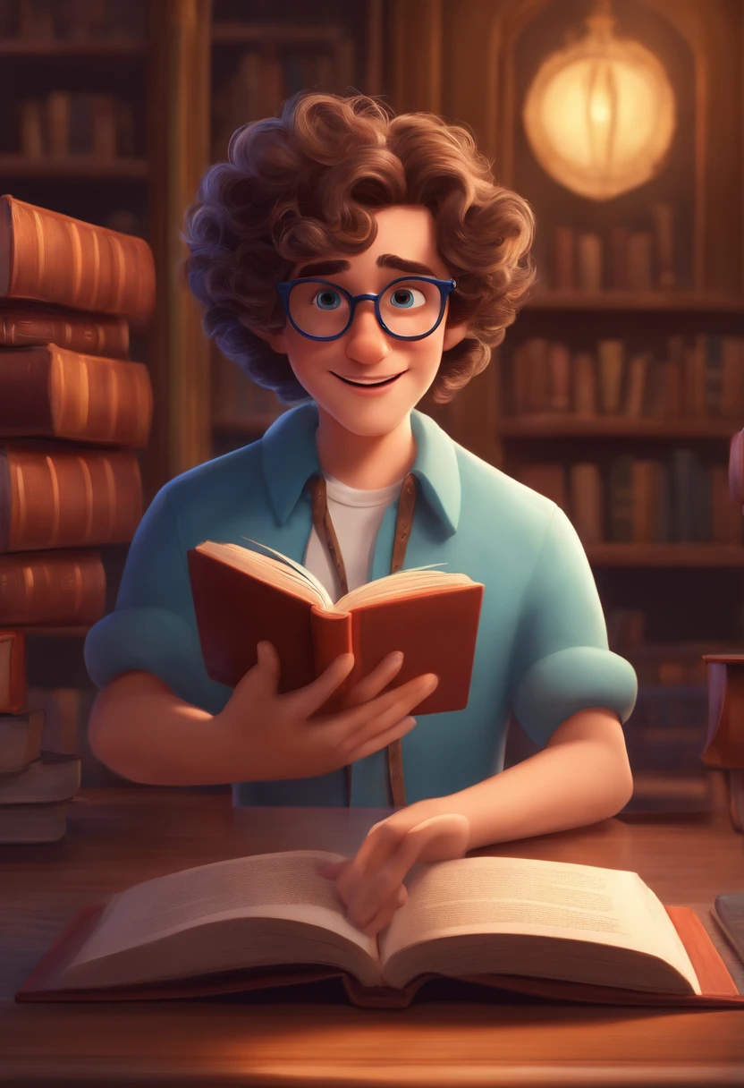 Disney Pixar: a library background, a white boy with mustache with curly hair with blue glasses, very thin, very concentrated, reading a book with magnificent smile