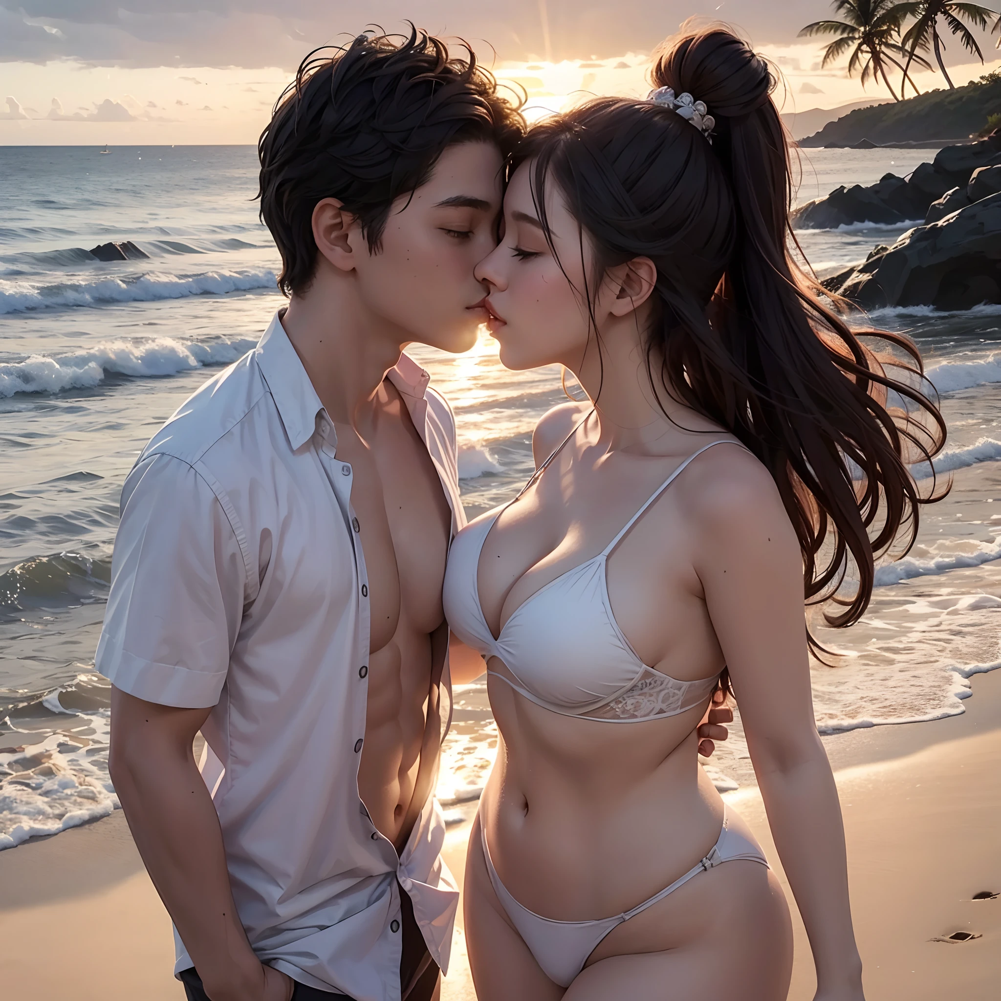 Tall guy and sexy chubby curvey girl kissing at beach in sunset, beautiful lighting, sexy kissing