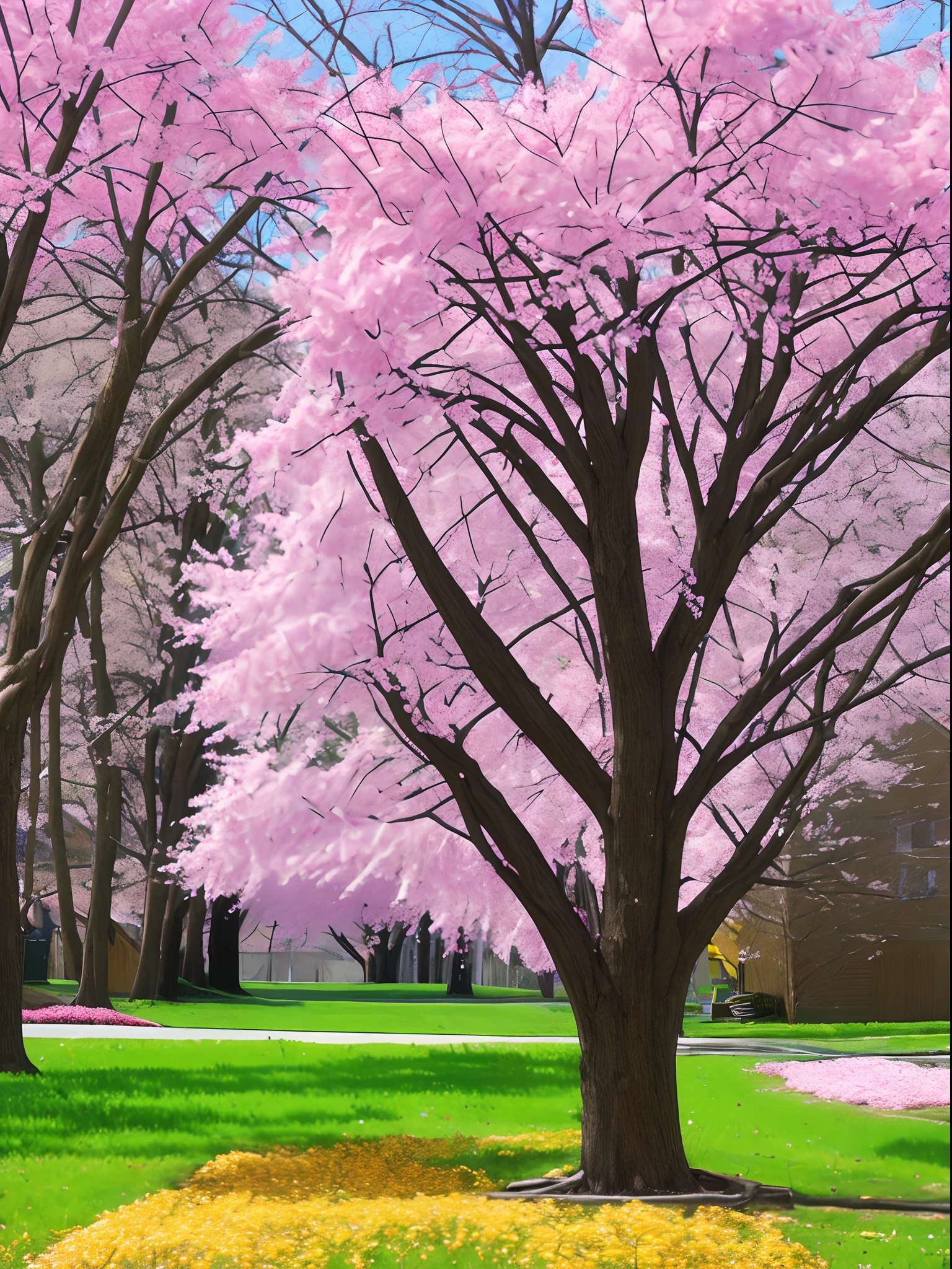 Spring season, Forsythia tree,Eastern Redbud fallen leaves
