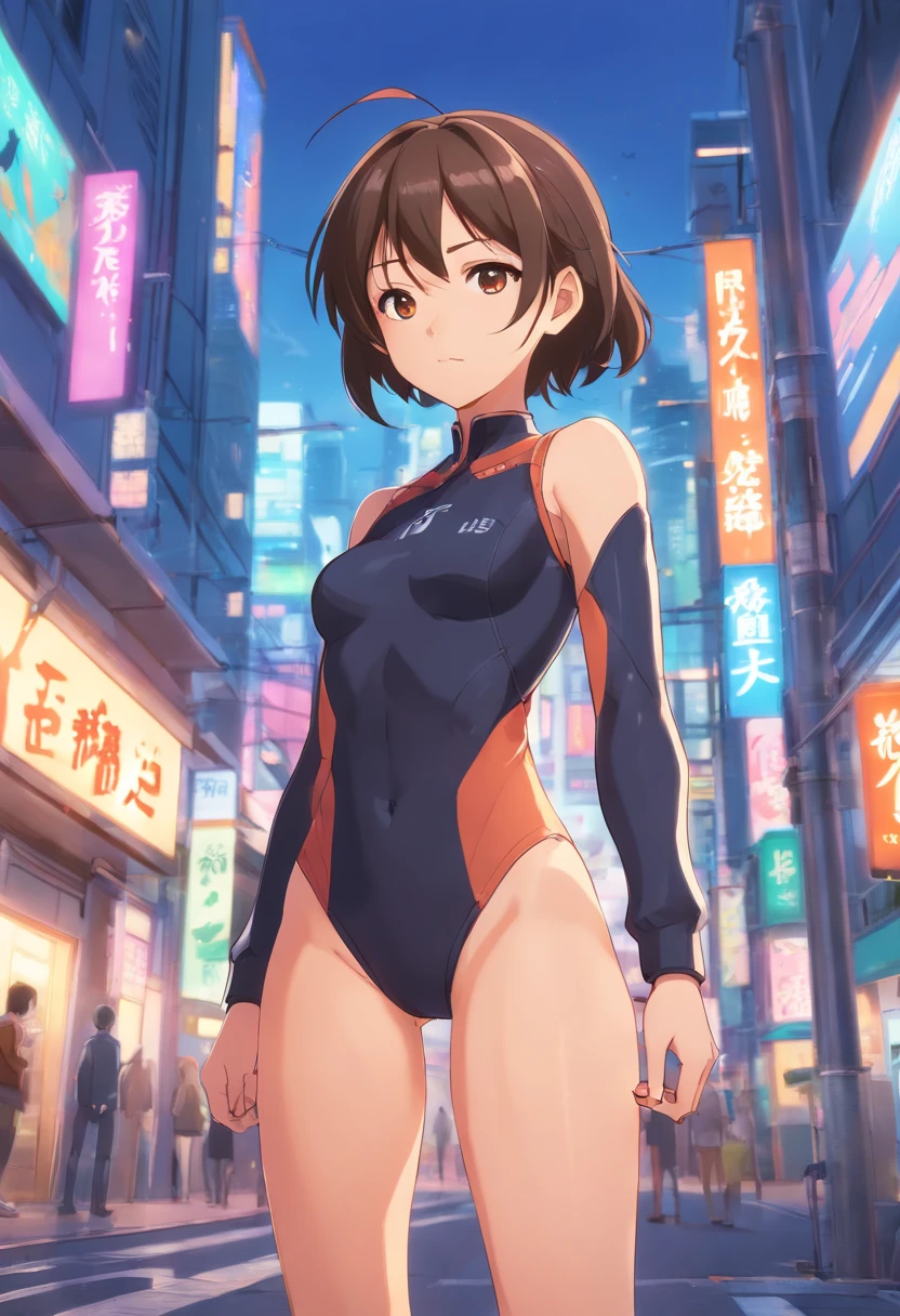 anime young woman, with light-brown eyes and a height of 5'6". Her physique boasts a lean and athletic build. She has black hair, typically kept in a tidy bun. Two antennas on her head that make her look like an ant. She's wearing a black skintight spandex that goes down to her legs, with white stripes that make her resemble a black ant.