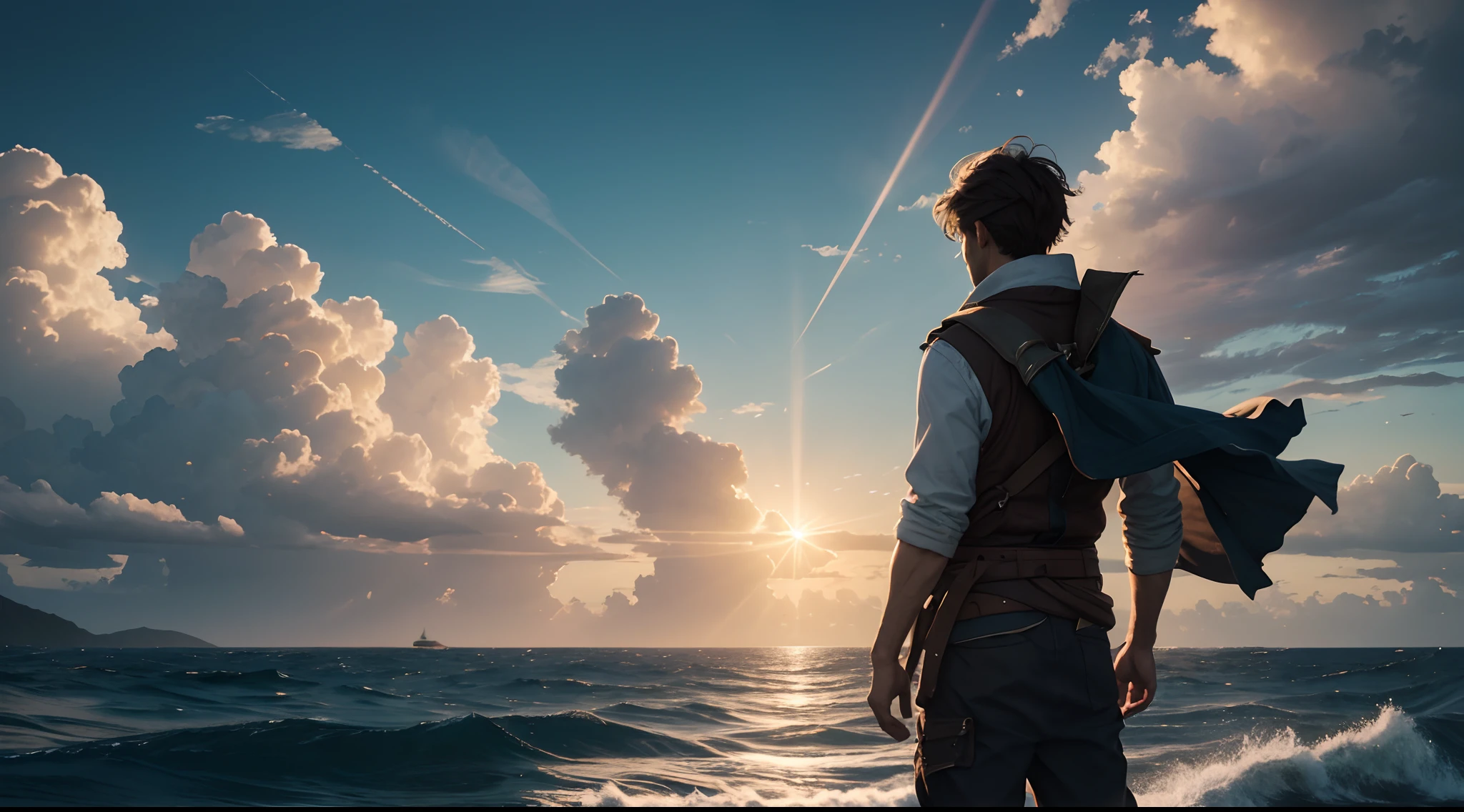 A man standing on top of a hill holds an old map in his hand and looks into the distance, against the background of the rising sun, against the background of the endless ocean where there is an ancient sailing galleon and boundless space where a huge spaceship hovers, the sun's rays penetrate through the clouds beautiful dynamic light, winds blowing the character's clothes, the movement of clouds, lines of movement, creating a feeling movements and dynamics