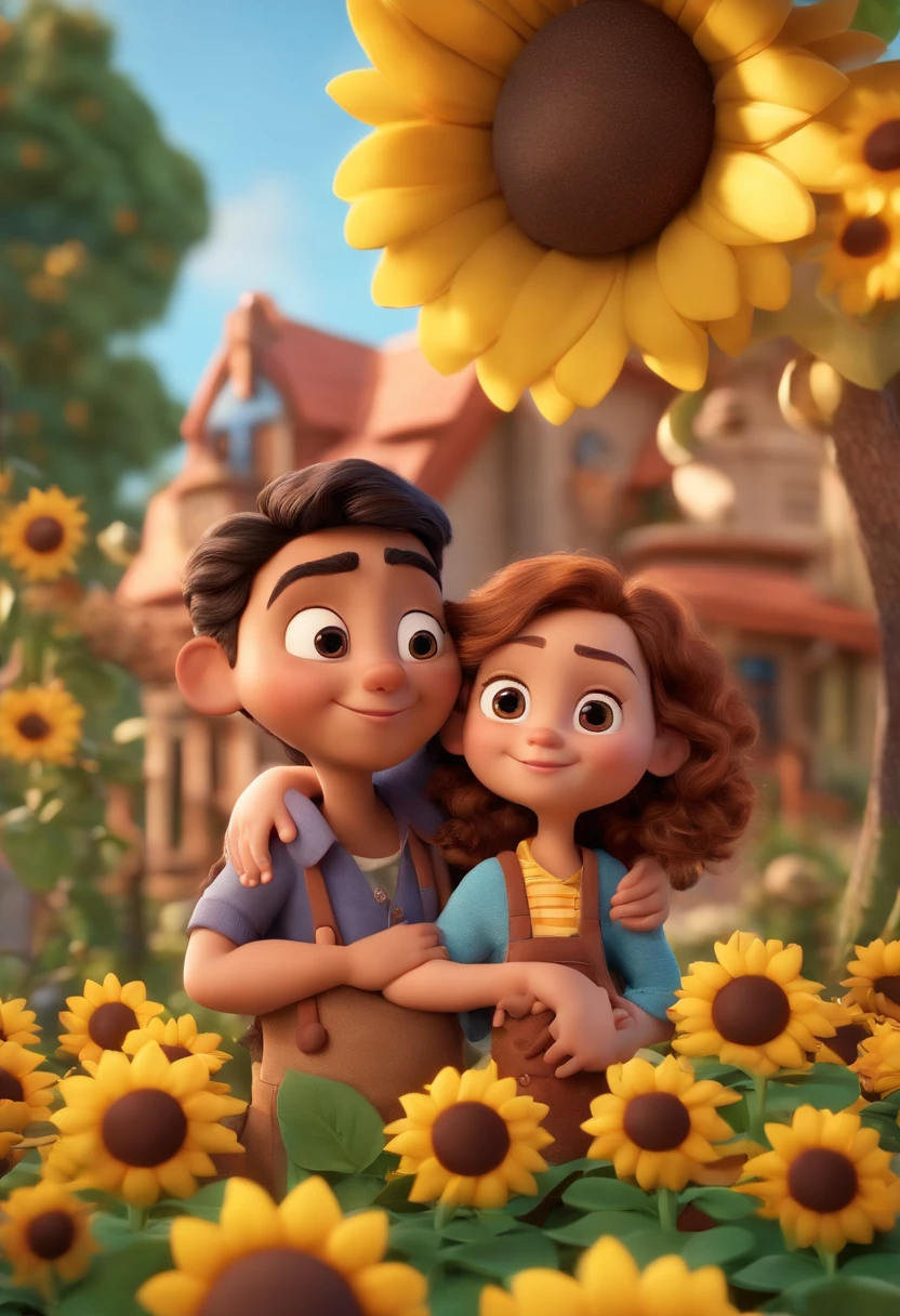 Create a Disney PIXAR-style 3D poster. ((centro da imagem, Triplets)), ((3 children)) ((1 menino no meio e 2 meninas ao lado, They're hugging each other, O menino tem pele castanha e cabelos castanhos escuros e olhos castanhos escuros, 1 menina tem pele clara, olhos e cabelos escuros e cacheados, e a outra menina tem pele morena, olhos escuros e cabelos escuros e lisos)) ((tudo isso no estilo Disney PIXAR 3D, In the background, A house of sunflowers, Gloria Studio, The garden is full of nature 3D render RTX clay material, estilo de design cartunesco, POP Mart, soft lighting, linhas suaves, Spring tilt, Detailed illustrations of PIXAR 3D, Detalhes hiper-realistas, cor quente no estilo Disney PIXAR 3D))