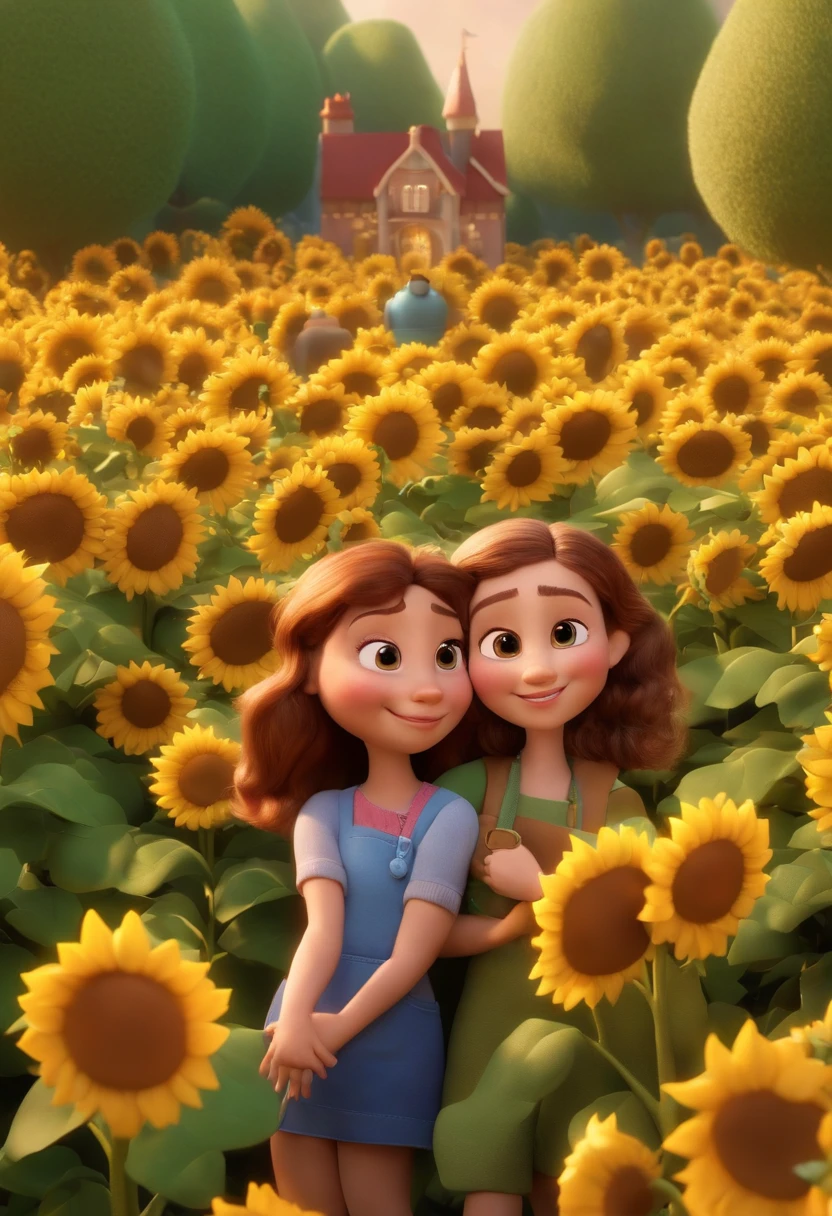 Create a Disney PIXAR-style 3D poster. ((centro da imagem, Triplets)), ((3 children)) ((1 menino no meio e 2 meninas ao lado, They're hugging each other, O menino tem pele castanha e cabelos castanhos escuros e olhos castanhos escuros, 1 menina tem pele clara, olhos e cabelos escuros e cacheados, e a outra menina tem pele morena, olhos escuros e cabelos escuros e lisos)) ((tudo isso no estilo Disney PIXAR 3D, In the background, A house of sunflowers, Gloria Studio, The garden is full of nature 3D render RTX clay material, estilo de design cartunesco, POP Mart, soft lighting, linhas suaves, Spring tilt, Detailed illustrations of PIXAR 3D, Detalhes hiper-realistas, cor quente no estilo Disney PIXAR 3D))