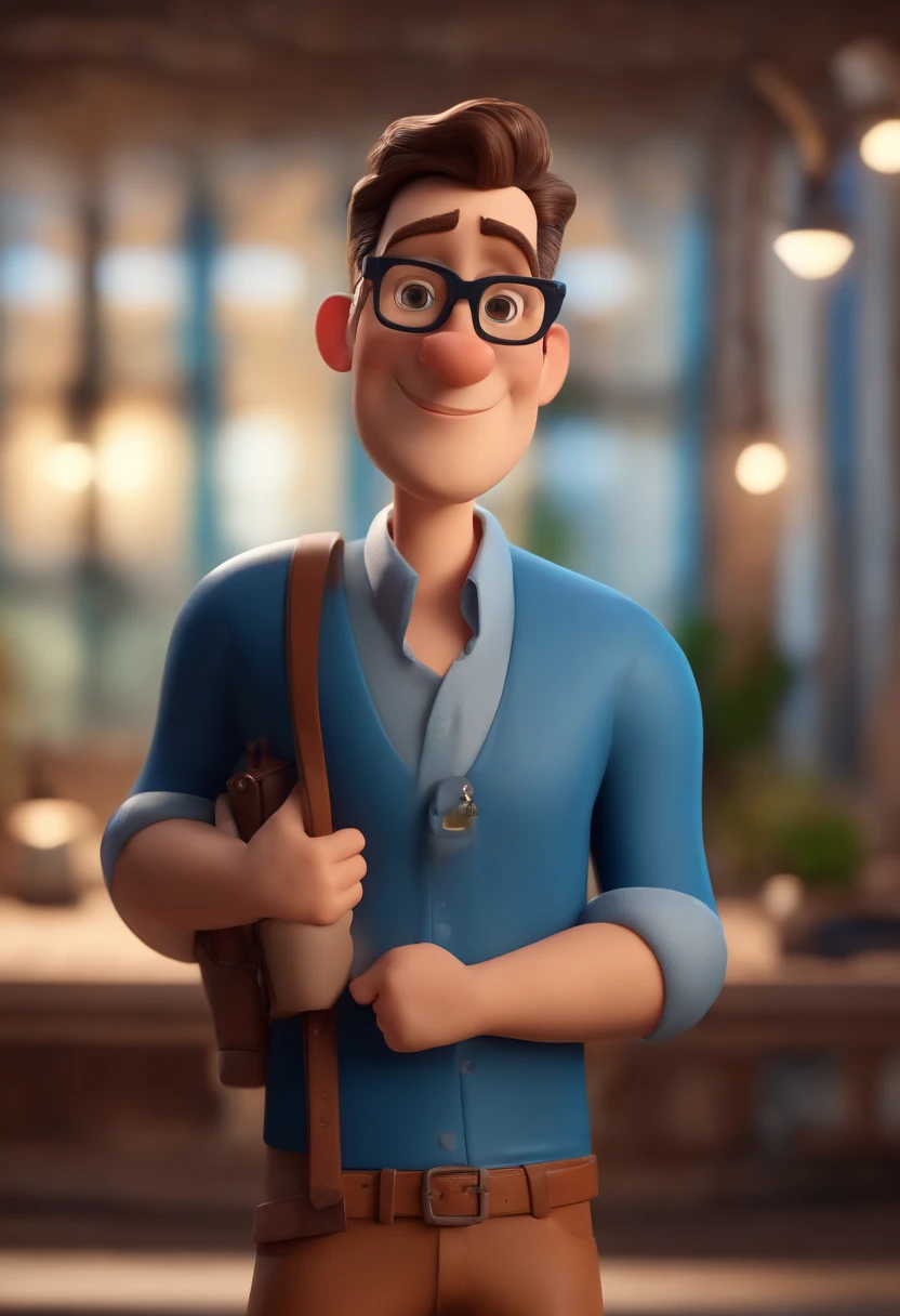 Cartoon character of a man wearing black glasses and a blue shirt, um personagem animado, Caractere estilizado, animation style rendering, 3D estilizado, Arnold Maya render, 3 d render stylized, toon render keyshot, Personagem 3D, Personagem 3D, 3d rendering stylized, 3 d character render, personagem de desenho animado, Personagem de close up, Pose de personagem, (Estilo Pixar) (master part:1.2) (Bokeh) (best quality) (pele detalhada) (textura detalhada) (8k) (argila) (Cinematic lighting) (foco nítido,Senta e vaza a parte superior do corpo