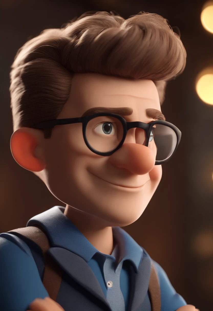 Cartoon character of a man wearing black glasses and a blue shirt, um personagem animado, Caractere estilizado, animation style rendering, 3D estilizado, Arnold Maya render, 3 d render stylized, toon render keyshot, Personagem 3D, Personagem 3D, 3d rendering stylized, 3 d character render, personagem de desenho animado, Personagem de close up, Pose de personagem, (Estilo Pixar) (master part:1.2) (Bokeh) (best quality) (pele detalhada) (textura detalhada) (8k) (argila) (Cinematic lighting) (foco nítido,Senta e vaza a parte superior do corpo