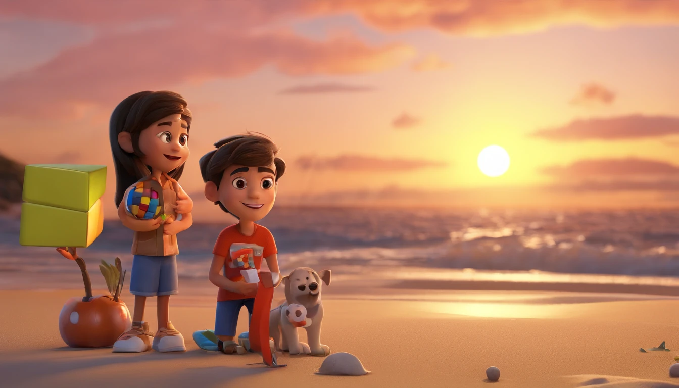 Estilo Pixar: fami, Um pai moreno com cabelos castanhos escuros curtos e com uma orelhas grandes usando oculos, Dark-skinned mother with long light brown hair and two boys. A 15-year-old boy with short light brown hair wearing a football shirt and the other 12-year-old with short dark brown hair with a Rubik's cube in his hand. Com o fundo na praia com um farol preto com listras brancas, with the name Pixar style movie written my family.