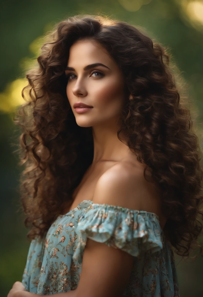 ((full body )) portrait photo of a beautiful 25 years old european woman, endless long (extra long curly brown hair), Award - winning photograph, Masterpiece, 8k, ultra high res, hyper detailed, beautiful woman, perfect face, rule of thirds, Perfect eyes, Perfect iris, perfect pupils, (perfectly round iris:1.3), Perfect lips, Perfect teeth, dimples, perfect nose, highly detailed hair, ((detailed face)), ((detailed facial features)), (finely detailed skin), pale skin, realistic skin texture, extreme skin details, (pores:0.1),(sweaty:0.8), insane details, intricate details, amazing fine detail, photorealistic, photograph, photorealism, rich colors, lifelike texture, neutral colors, Soft front light,cinematic lighting, dramatic lighting,dappled light on face, backlight on hair, sharp focus, wide angle, film grain, dslr, raw photo, photographed on Nikon
