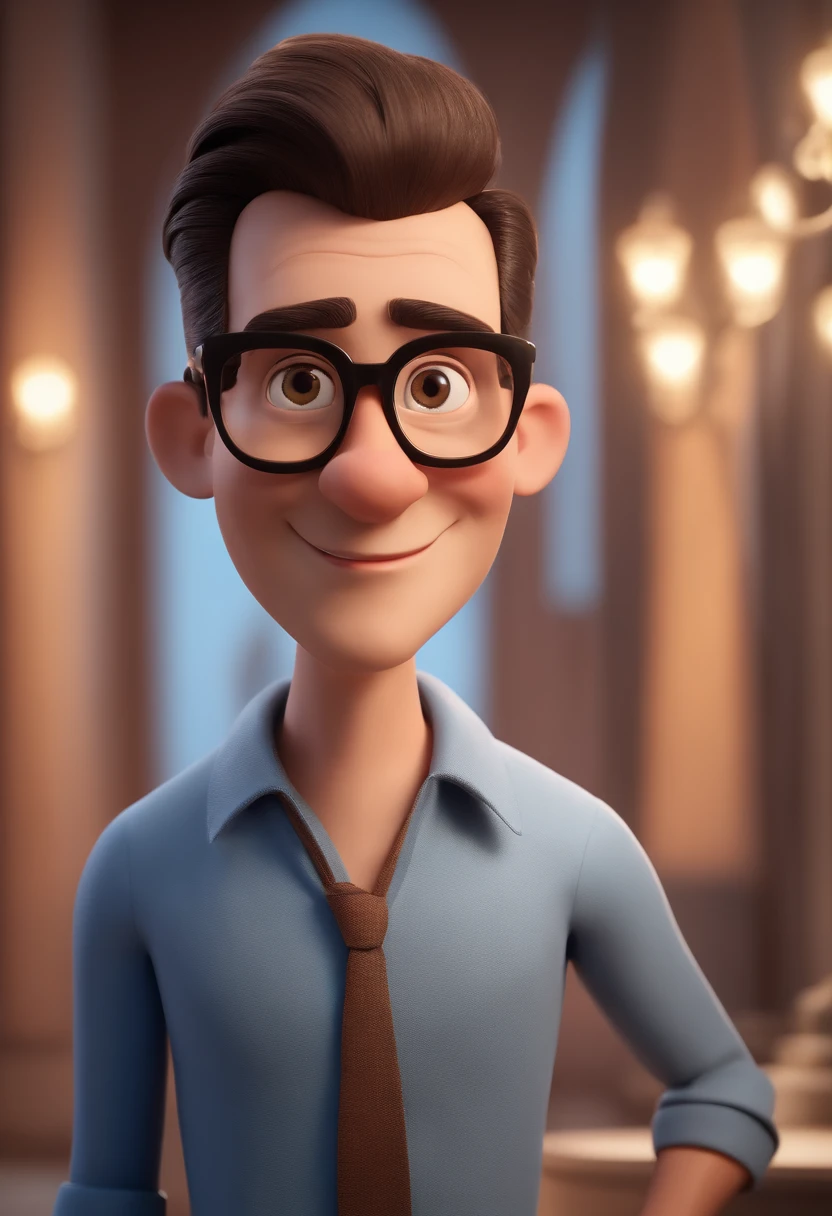 Cartoon character of a man with black glasses and a blue shirt, animation character, Caractere estilizado, animation style rendering, 3D estilizado, Arnold Maya render, 3 d render stylized, toon render keyshot, Personagem 3D, Personagem 3D, 3d rendering stylized, 3 d character render, personagem de desenho animado, Personagem de close up, Pose de personagem, (Estilo Pixar) (master part:1.2) (Bokeh) (best quality) (pele detalhada) (textura detalhada) (8k) (argila) (Cinematic lighting) (foco nítido