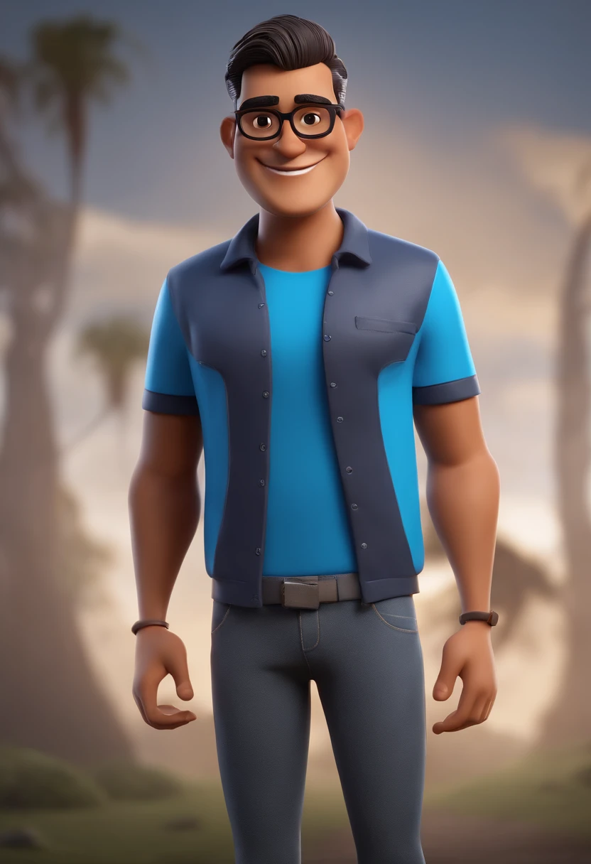 Cartoon character of a young man with black glasses and a blue t-shirt, Carinhoso, Feliz, Amoroso, rosto redondo, medium stature, barba rala, animation character, Caractere estilizado, animation style rendering, 3D estilizado, Arnold Maya render, 3 d render stylized, toon render keyshot, Personagem 3D, Personagem 3D, 3d rendering stylized, 3 d character render, personagem de desenho animado, Personagem de close up, Pose de personagem, (Estilo Pixar) (master part:1.2) (Bokeh) (best quality) (pele detalhada) (textura detalhada) (8k) (argila) (Cinematic lighting) (foco nítido